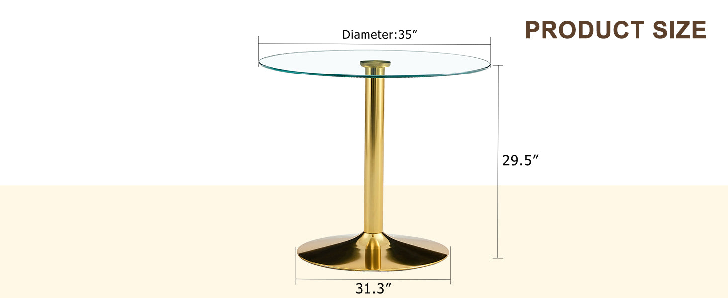 A 35 Inch Diameter Glass Top And A Modern, Minimalist Round Dining Table With Gold Metal Legs. Ideal For Dining Rooms, Living Rooms And Meeting Rooms. Model: Dt 1166 Gold Glass Metal