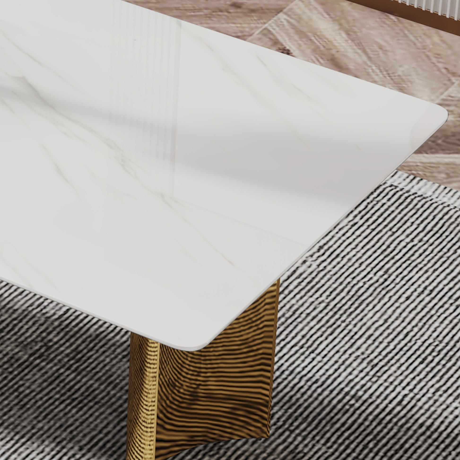 Table And Chair Set.The Table Has A Glass Tabletop With Imitation Marble Pattern Stickers And Stainless Steel Golden Table Legs. Paried With Comfortable Chairs With Pu Seats And Metal Legs. White Gold Seats 6 Glass Metal