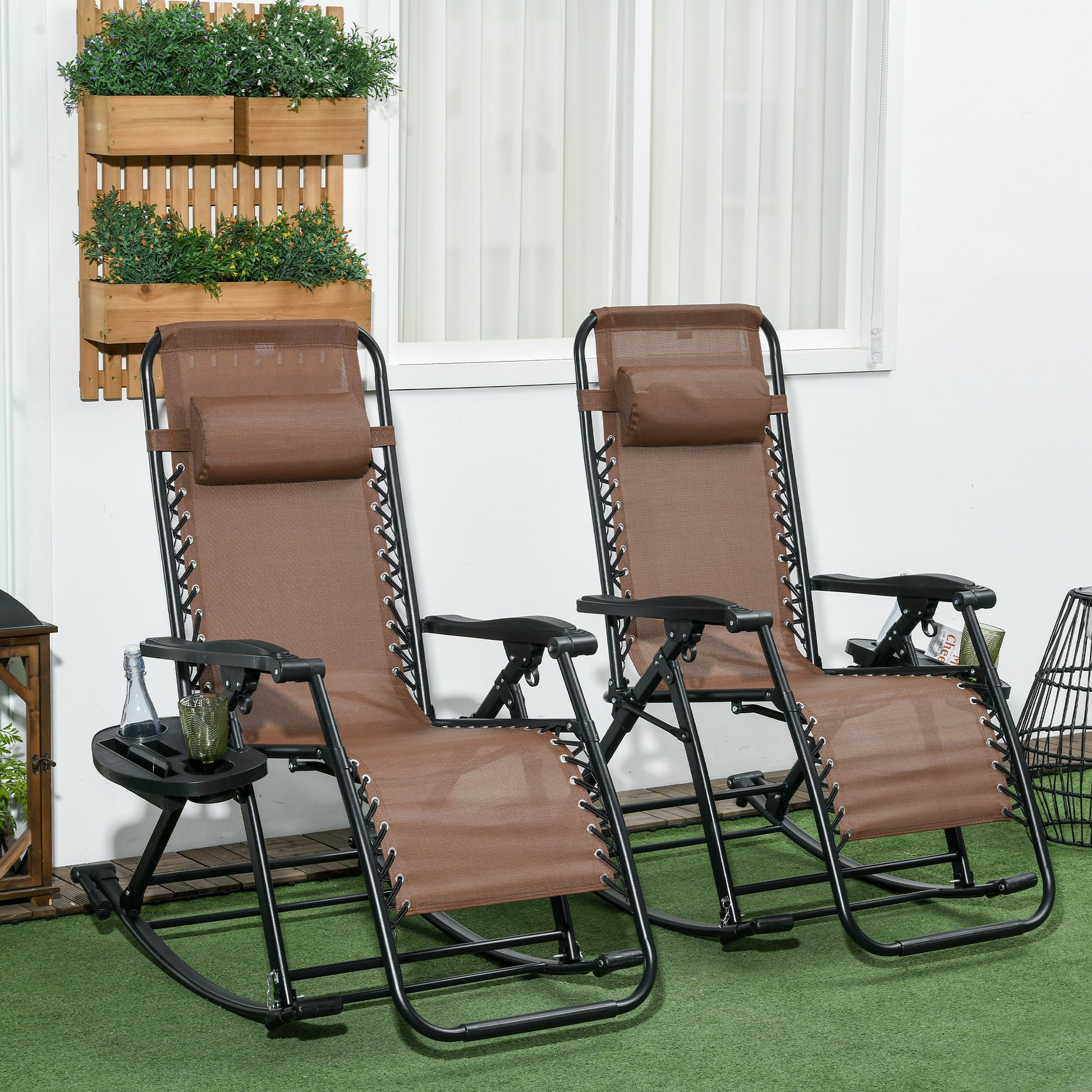 Outsunny Set Of 2 Outdoor Rocking Chairs, Foldable Reclining Zero Gravity Lounge Rocker With Pillow, Cup & Phone Holder, Combo Design With Folding Legs, Brown Brown Fabric Metal