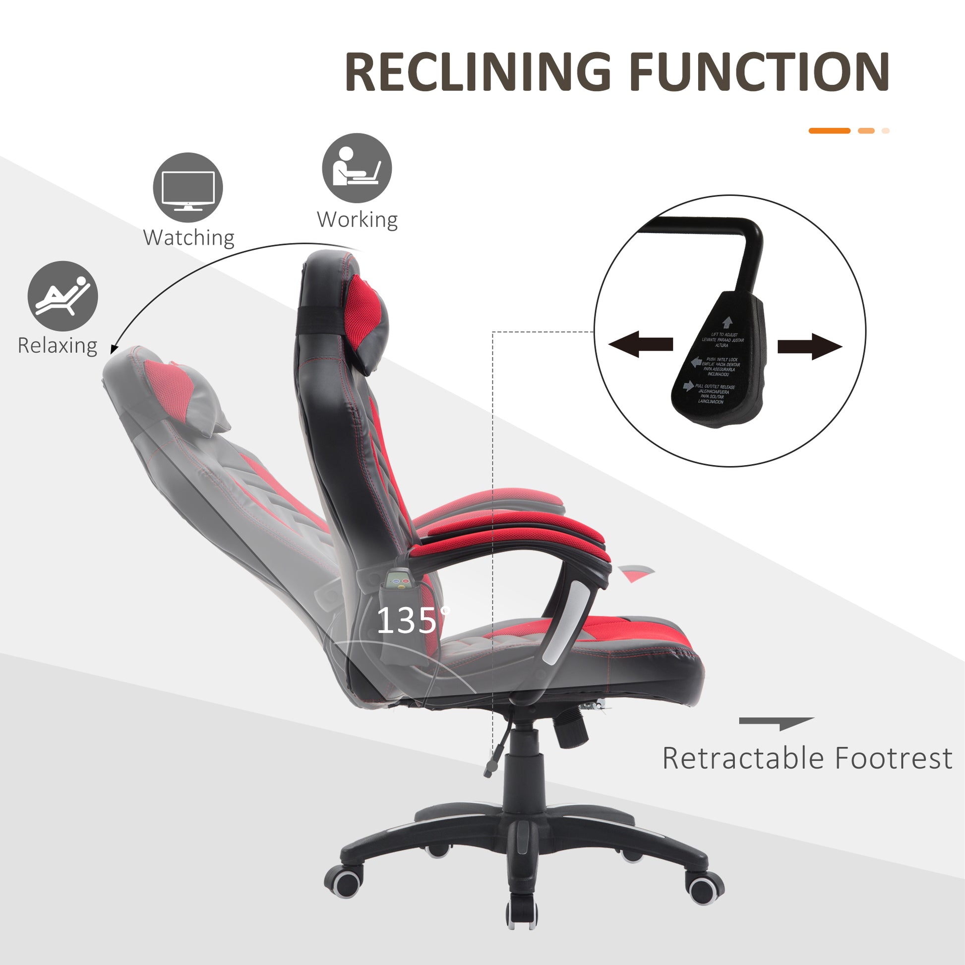 Homcom 6 Vibrating Point Massage Computer Gaming Chair 5 Modes, Racing Style Heated Desk Chair Swivel Rolling Chair With Headrest, Red Black Red Faux Leather