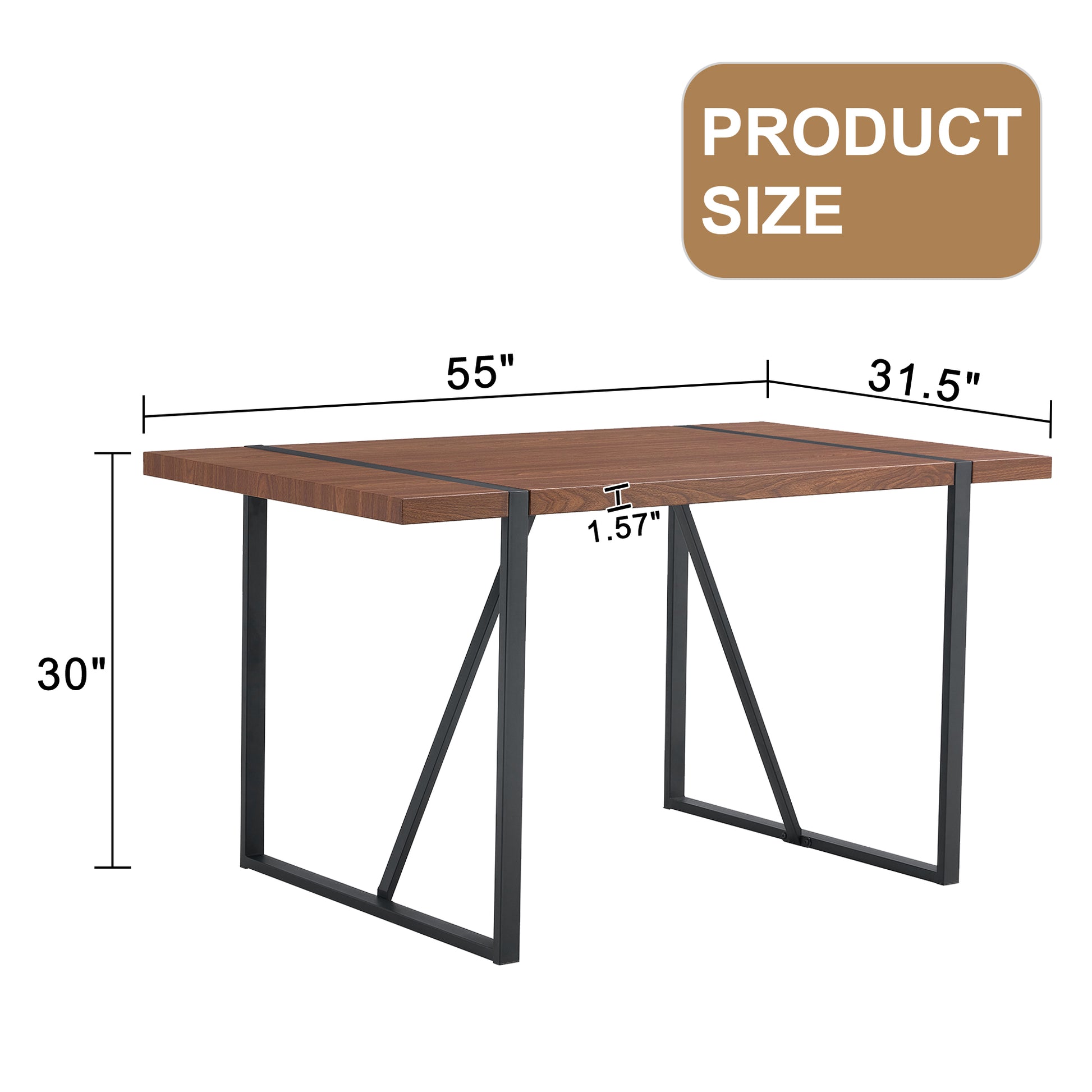 Industrial Rectangular Mdf Walnut Color Wood Grain Dining Table For 4 6 People With 1.5 Inch Thick Mdf Top And Black Metal Legs For Desks, Kitchens, Patios, Dining Rooms. Walnut Mdf