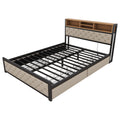 Metal Queen Size Platform Bed With 4 Drawers, Upholstered Headboard And Footboard, Sockets And Usb Ports, Beige Queen Beige Black Fabric Metal