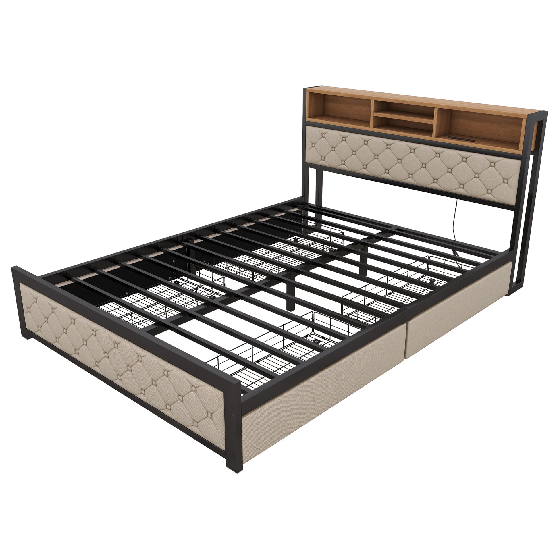 Metal Queen Size Platform Bed With 4 Drawers, Upholstered Headboard And Footboard, Sockets And Usb Ports, Beige Queen Beige Black Fabric Metal