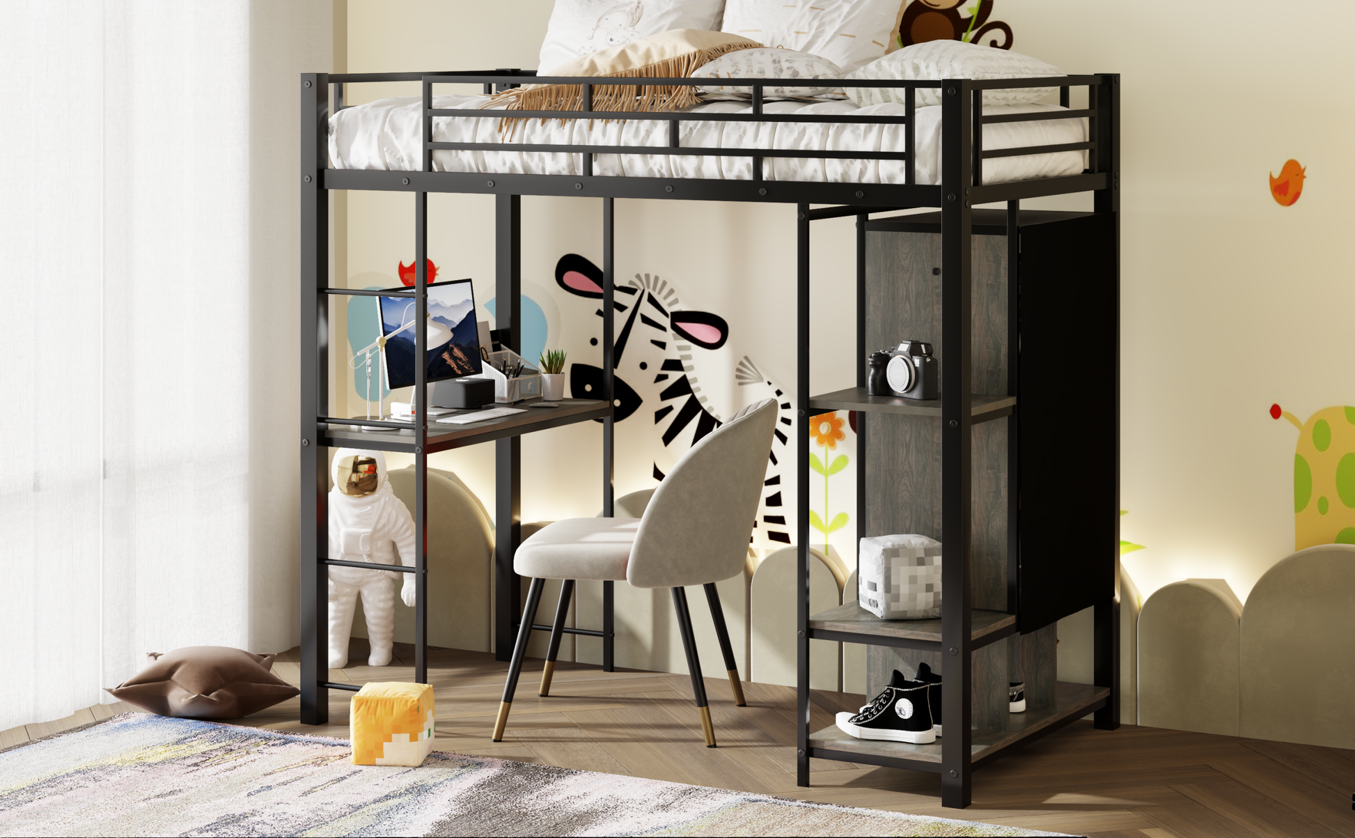 Twin Size Metal Loft Bed With Built In Wardrobe, Desk And Shelves, Black Expected Arrival Time: 9.3 Box Spring Not Required Twin Black Mdf Metal