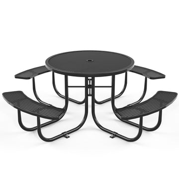 Round Outdoor Steel Picnic Table 46" With Umbrella Pole,Black Black Steel Steel