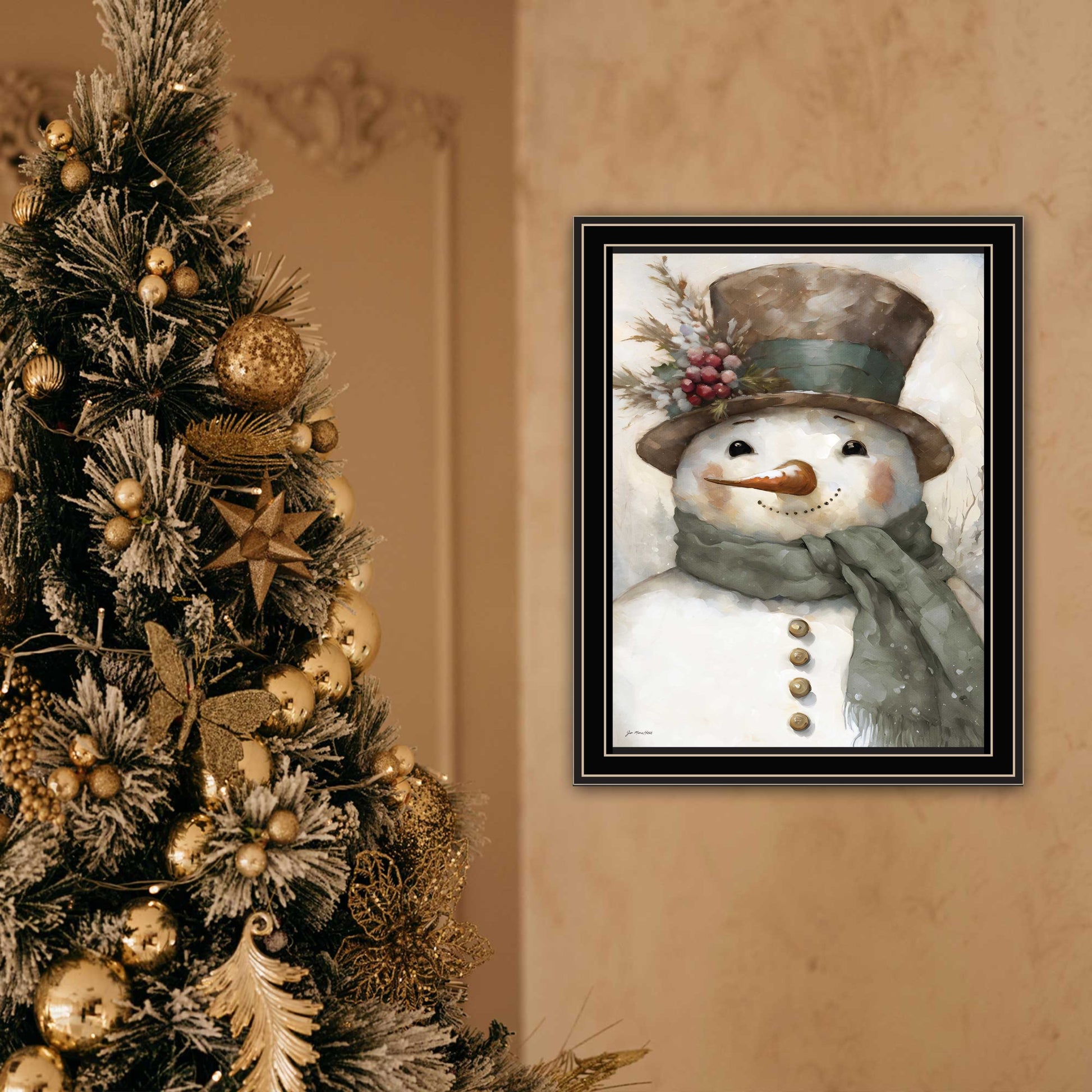 Old World Frosty The Snowman Black Framed Wall Art For Living Room, Holiday Wall Art Print For Home Decor, Bedroom Wall Art By Jo Moulton Multicolor Wood Paper