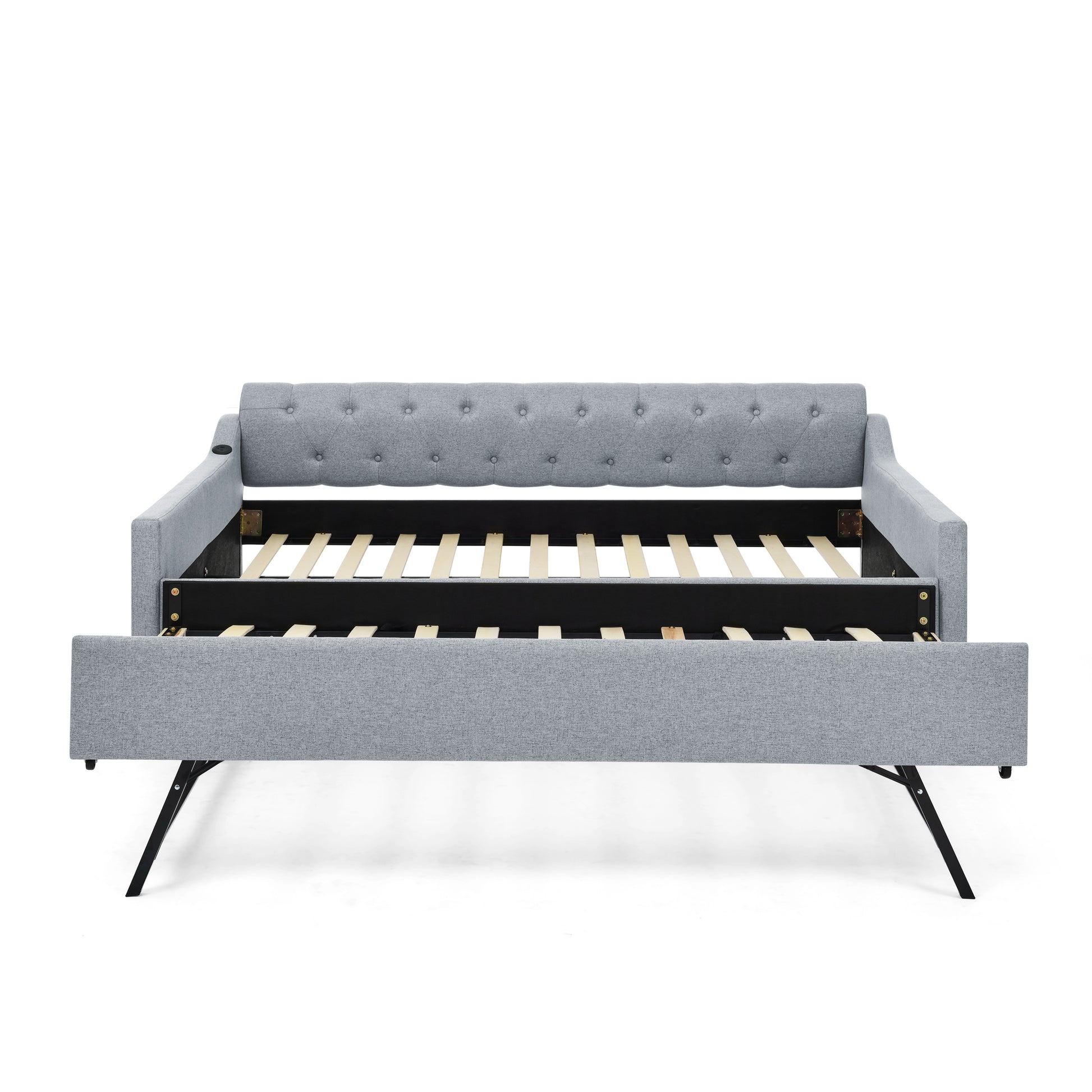 Full Size Upholstery Daybed With Twin Size Erectable Trundle And Usb Charging Design, Linen Grey Box Spring Not Required Full Grey Linen Linen