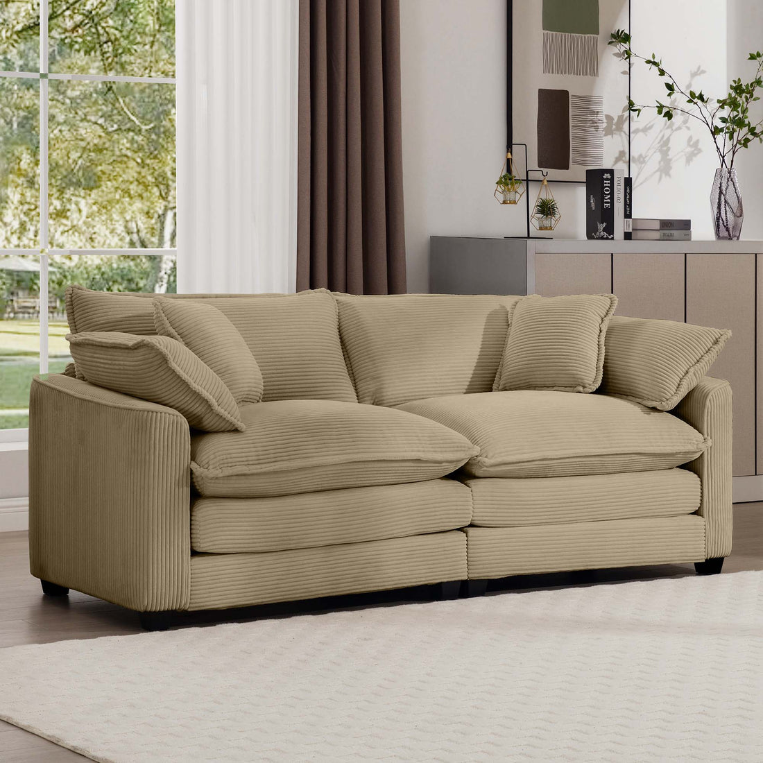 Modern Fabric Living Room Sofa With 4 Pillows Upholstered Large Deep Seating Loveseat, Tan Corduroy Tan Corduroy 2 Seat