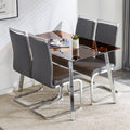 1 Table And 4 Chairs, Brown Tempered Glass Tabletop And Silver Metal Legs, Modern Minimalist Style Rectangular Glass Dining Table, Paired With 4 Modern Silver Metal Leg Chairs. 1123C 1162 Brown Seats 4 Glass