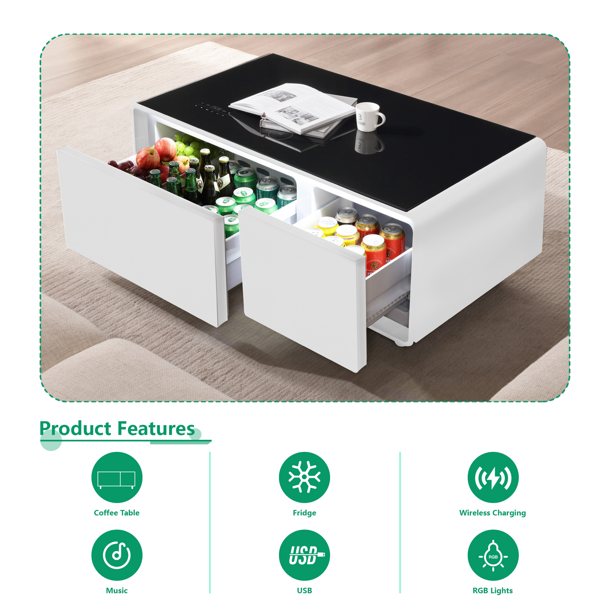 Modern Smart Coffee Table With Built In Fridge, Bluetooth Speaker, Wireless Charging, Touch Control Panel, Usb Ports, Outlet Protection, Atmosphere Light, White White Built In Outlets Or Usb Primary Living Space Freestanding Rectangular Drawers Coffee &