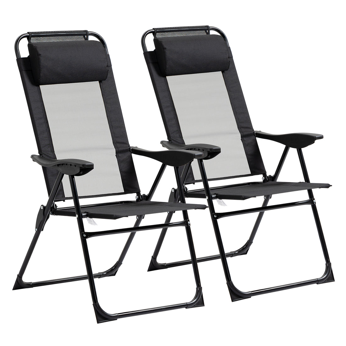 Outsunny Folding Patio Chairs Set Of 2, Outdoor Deck Chair With Adjustable Sling Back, Camping Chair With Removable Headrest For Garden, Backyard, Lawn, Black Black Fabric