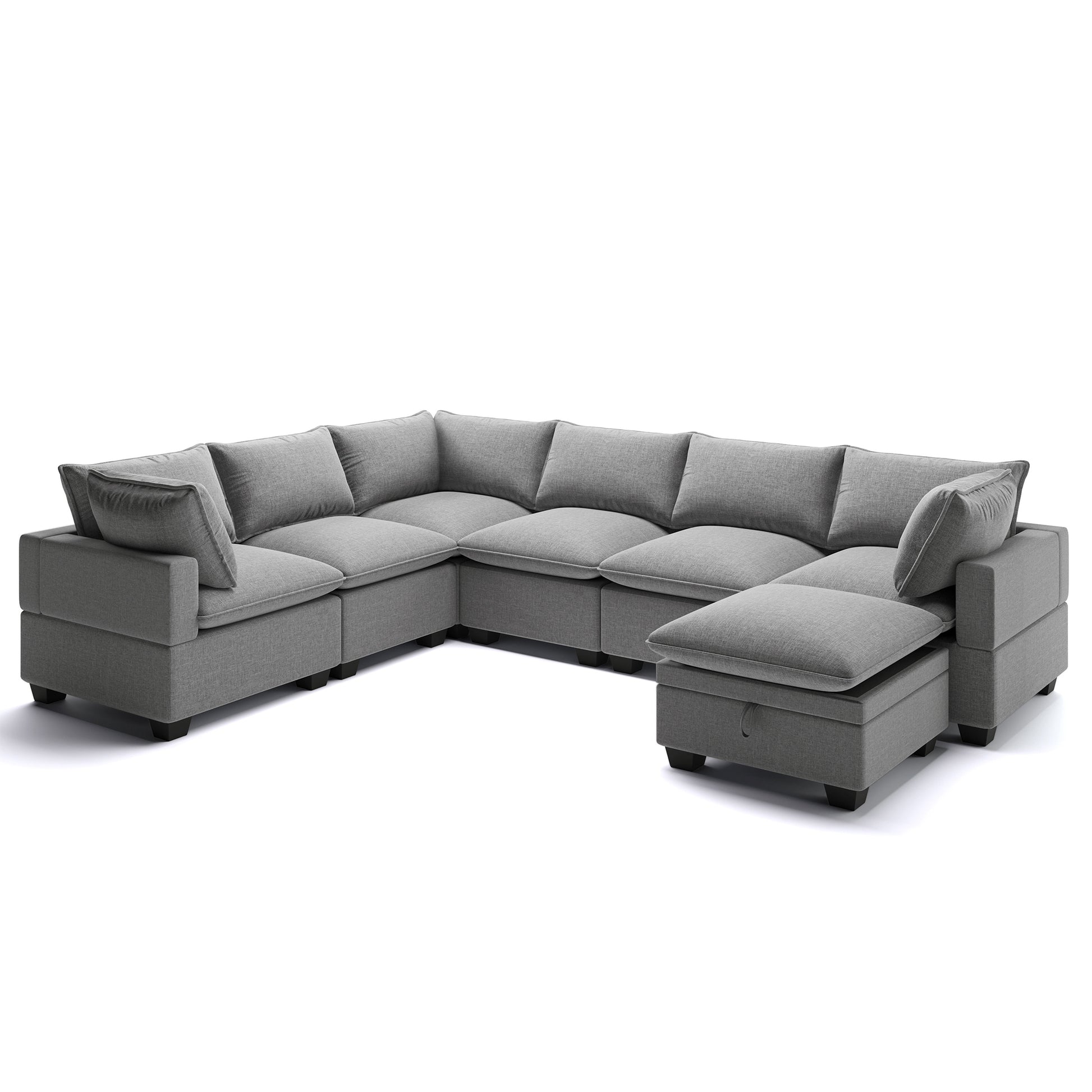 120*93" Modern U Shape Modular Sofa With Storage Ottoman,Luxury 7 Seat Sectional Couch Set With 2 Pillows Included,Freely Combinable Indoor Funiture For Living Room, Apartment Gray Polyester 7 Seat