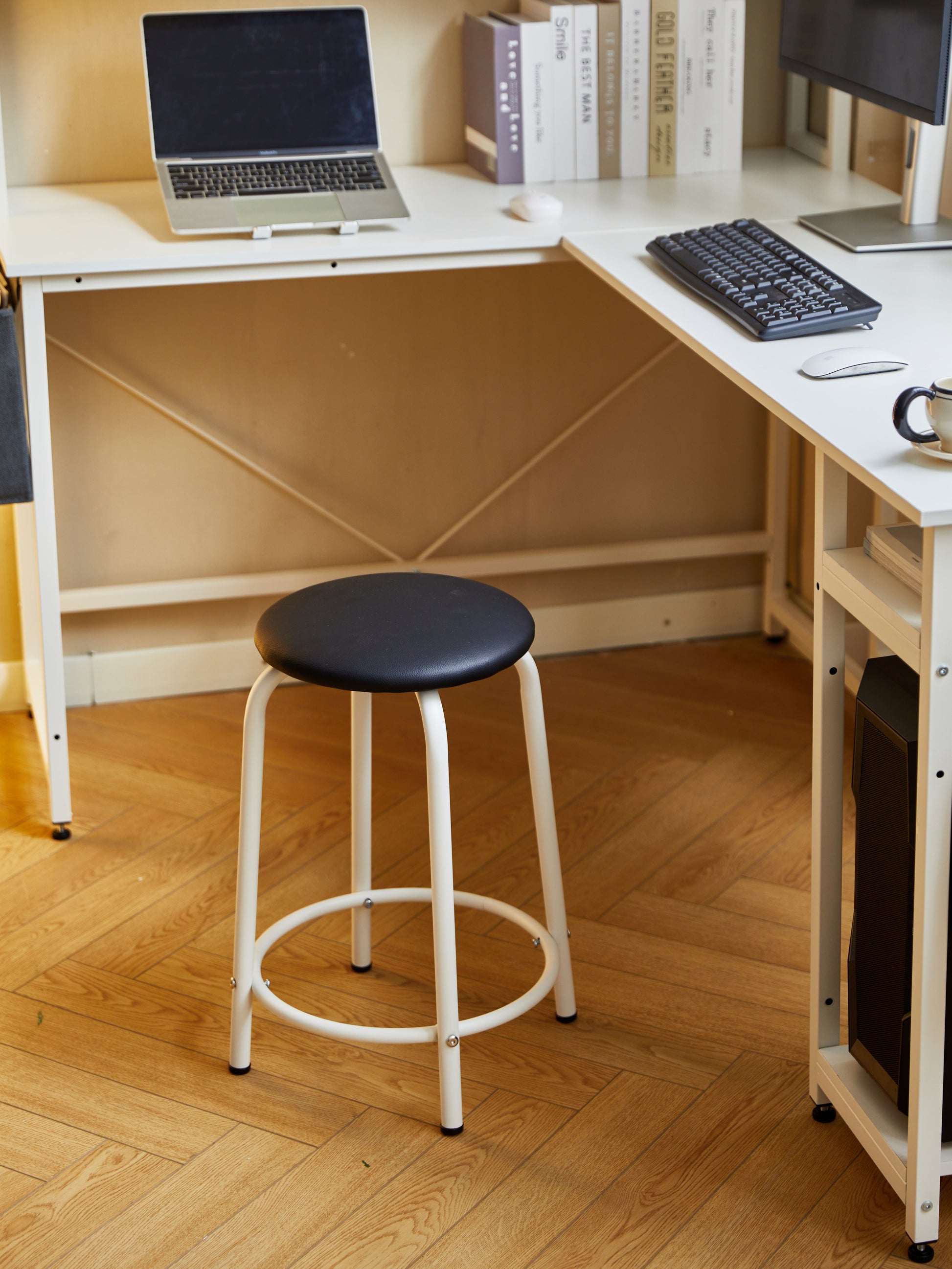 94.5 Inch Home Office Desk L Shape Gaming Desk With Storage Shelves And Stool White Mdf Metal