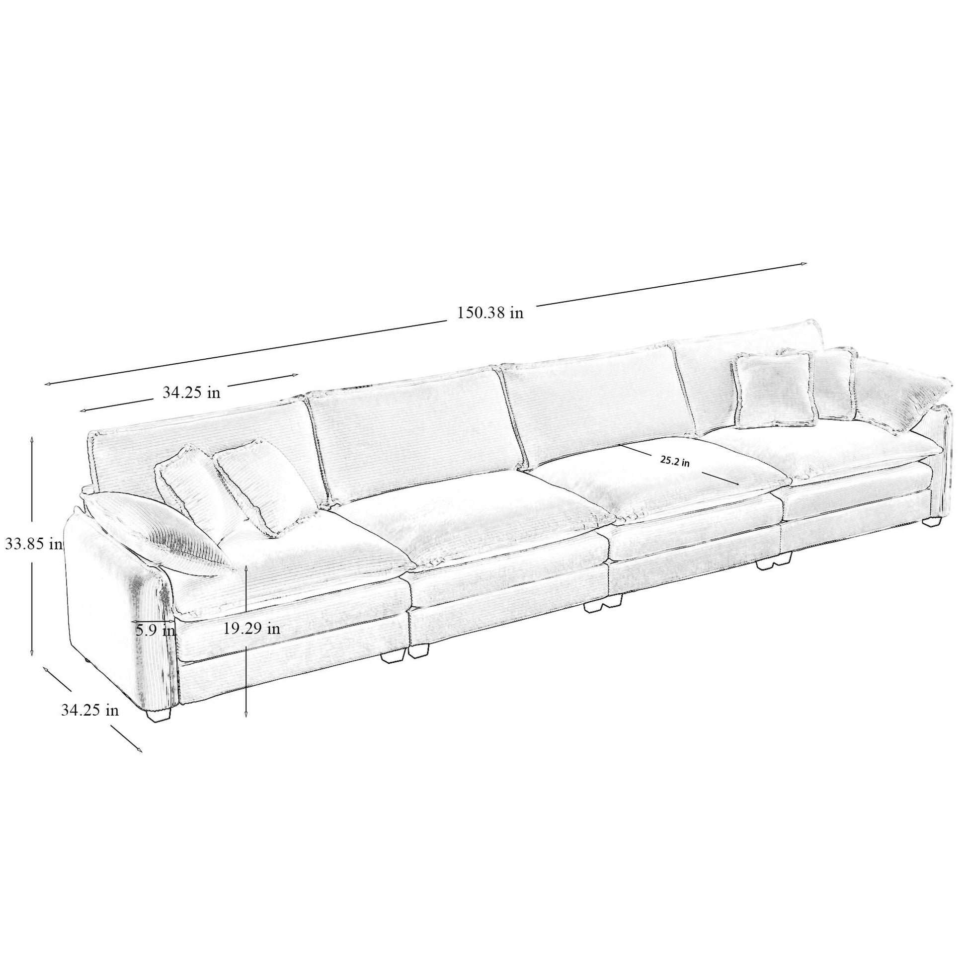 Corduroy Sofamodern Upholstered 4 Seater Corduroy Fabric Sofaoffice Living Room Apartment Comfortable Sofa, Easy To Assemble With 2 Arm Pillows And 4 Throw Pillows Grey Corduroy 4 Seat