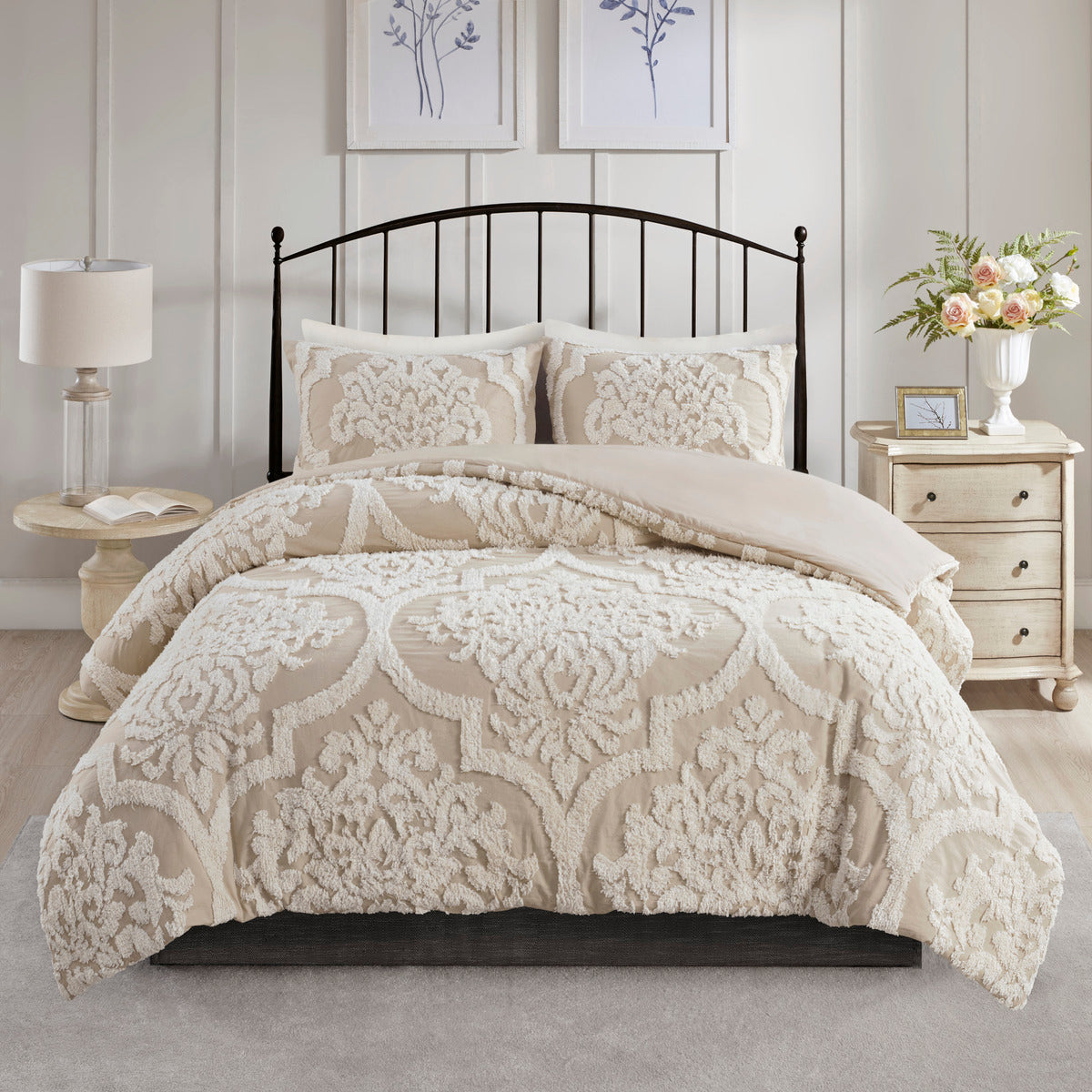 3 Piece Tufted Cotton Chenille Da Comforter Set Taupe King Cal King King Taupe Polyester