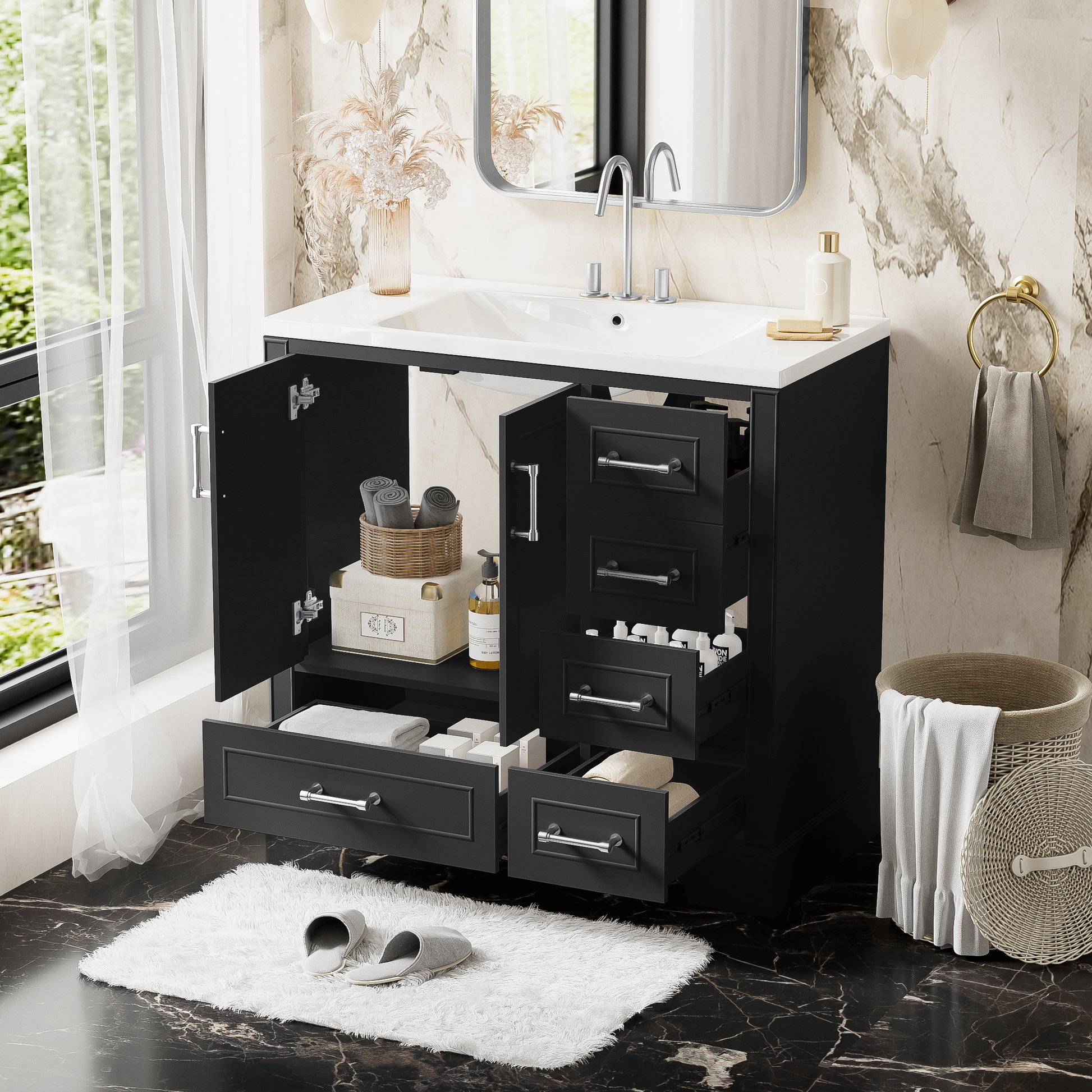 36 Inch Traditional Bathroom Vanity With Resin Sink Combo Set, Black Bathroom Cabinet With Two Doors And Four Drawers Black Bathroom Solid Wood Mdf Resin