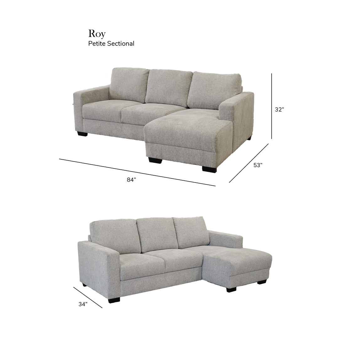 Roy Grey Right Facing Sectional Grey Polyester 3 Seat