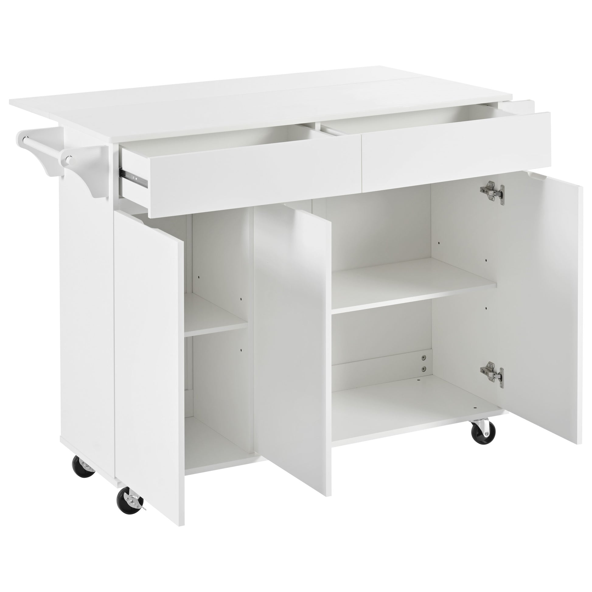 K&K 53.2'' Kitchen Island With Drop Leaf, Kitchen Storage Cart With Spice Rack, Towel Rack And 2 Drawers, Rolling Kitchen Island On Wheels With Adjustable Shelves For Kitchen, Dining Room, White White Brown Kitchen Artsy,Casual,Classic,Minimalist,Modern