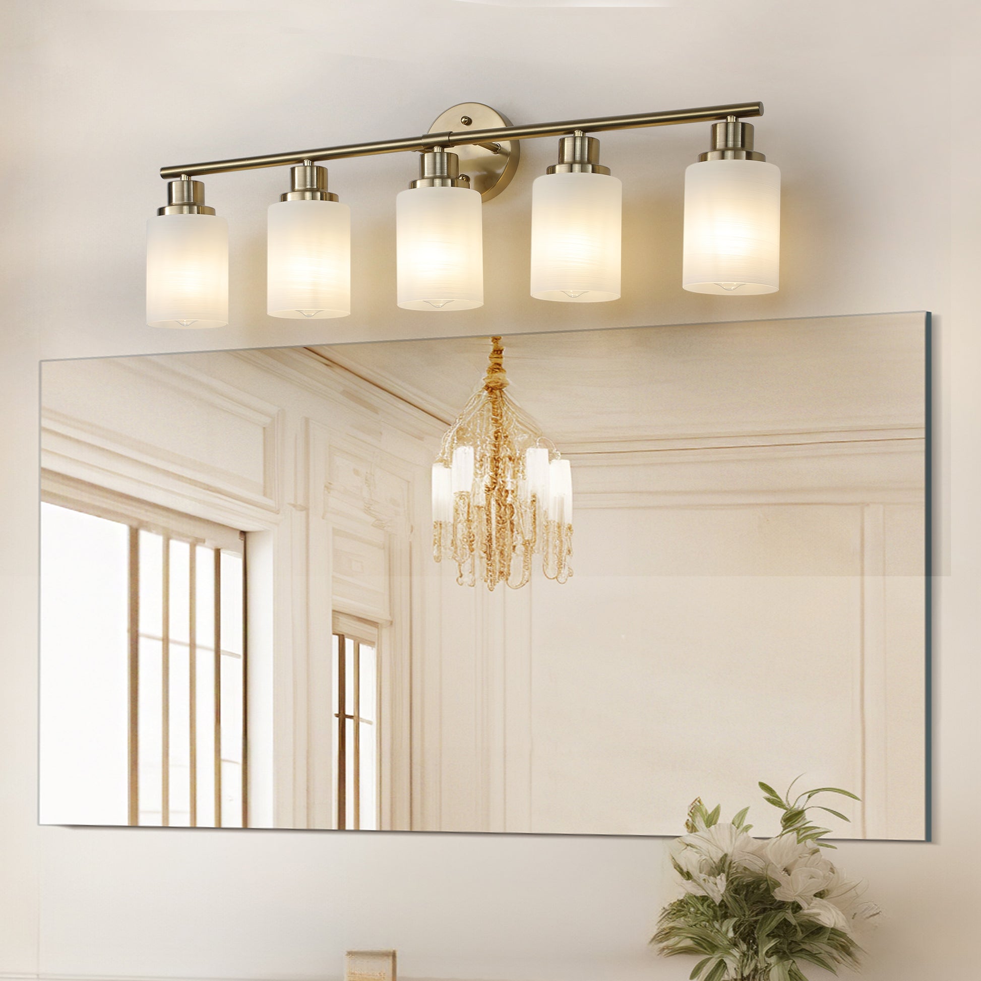 5 Light Golden Bathroom Vanity Light Fixture, Frosted Glass Shades, Modern Wall Mounted Lighting No Bulbs Golden Glass Iron