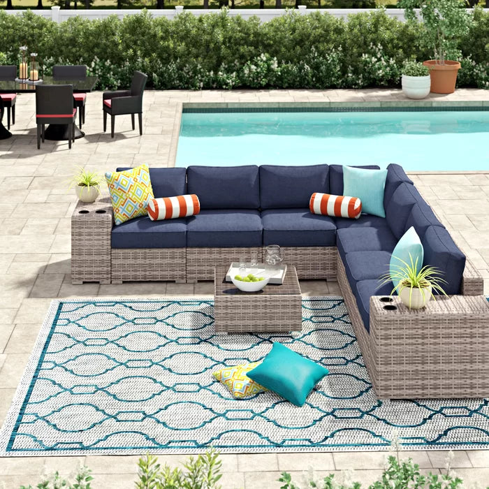 Stylish Rattan Wicker Fully Assembled 6 Person Seating Group With Premium Sunbrella Cushions Perfect For Outdoor Entertaining Dark Gray,Navy Blue Wicker