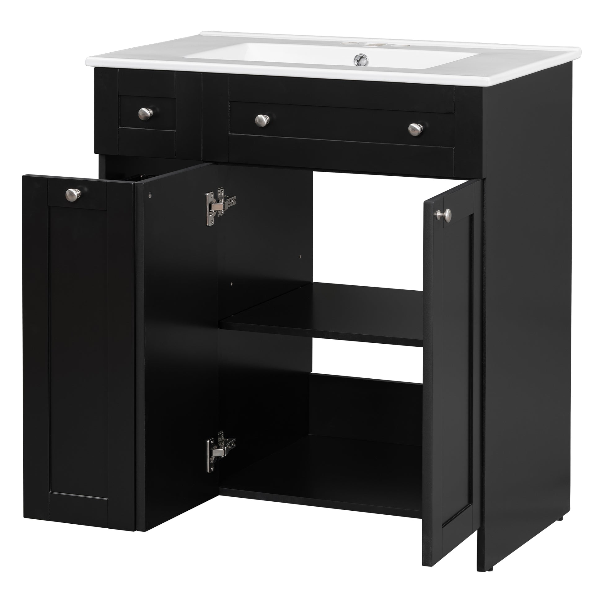 30 Inch Black Bathroom Vanity With Ceramic Sink Combo, Abundant Storage Cabinet 2 Soft Close Doors And Double Tier Deep Drawer Black Bathroom Mdf