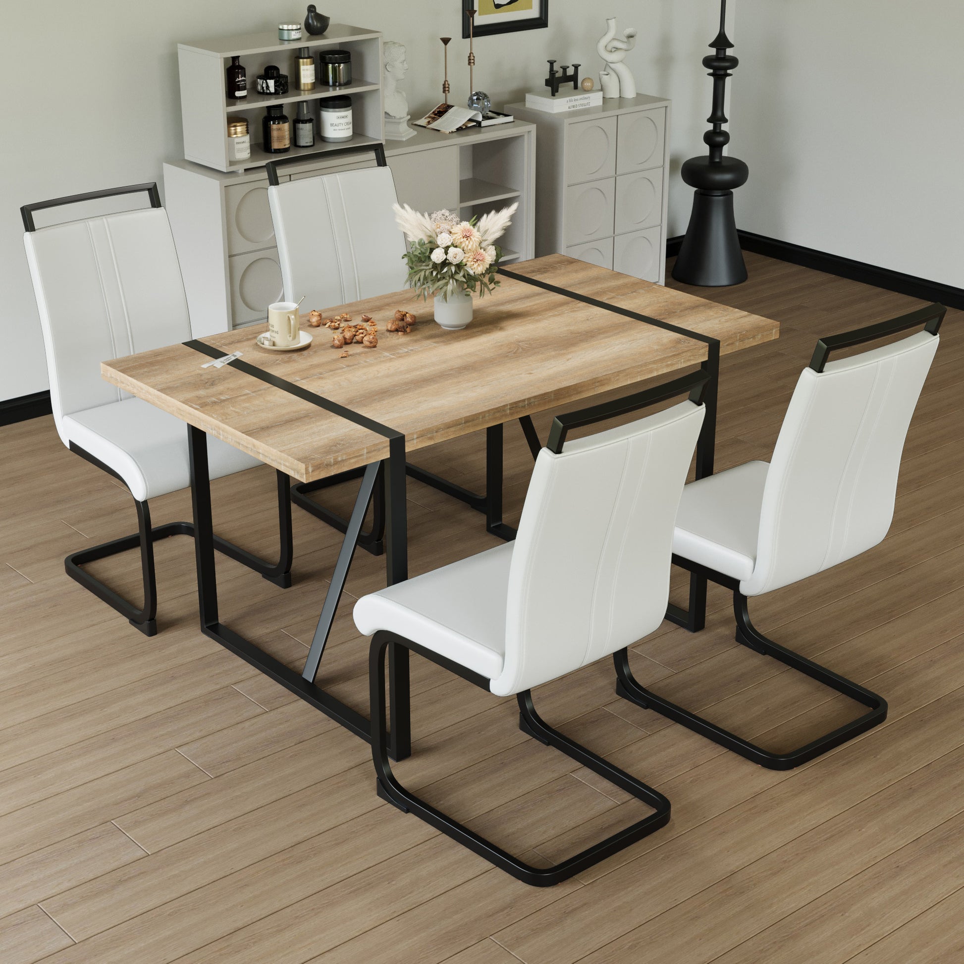 55 " Rural Industrial Rectangular Mdf Wood Dining Table Set And Pu Armless Dining Chair Set 4,Kitchen Black Metal Table Legs Dining Table And Chair Set Wood Seats 4 Mdf