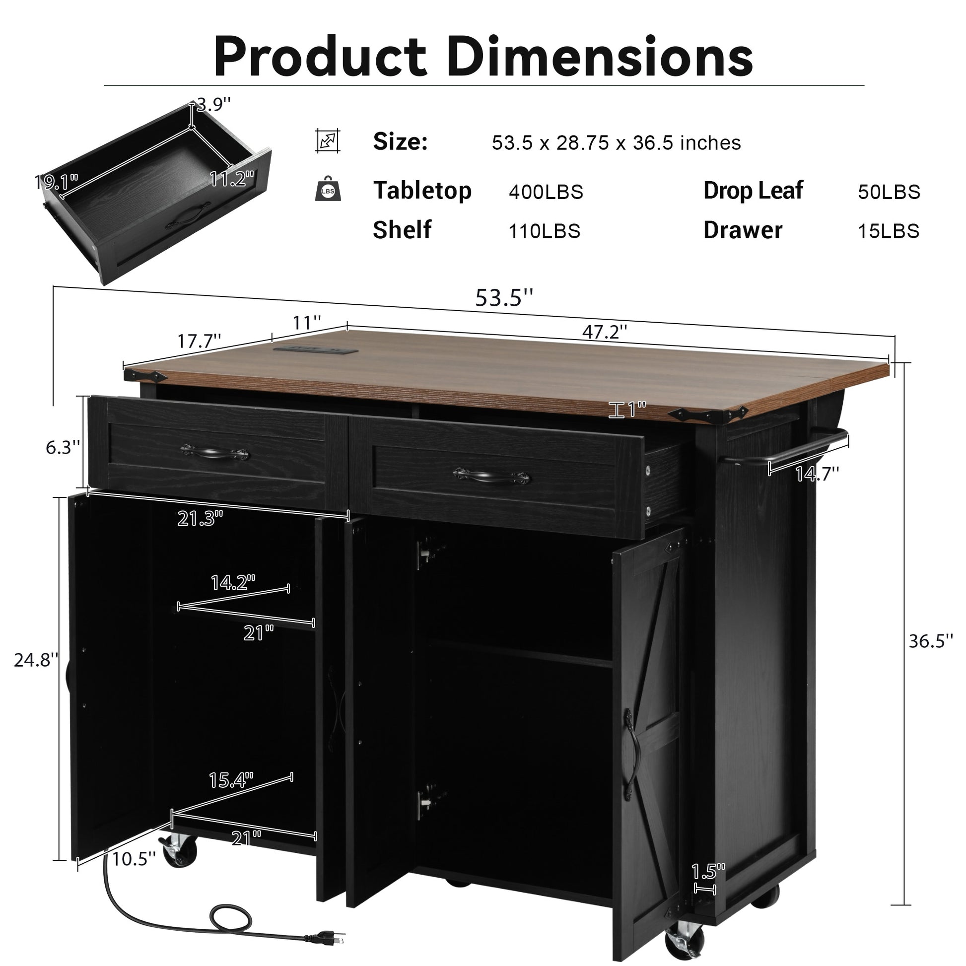 K&K 53.5''Farmhouse Kitchen Island With Power Outlet, Kitchen Storage Island With Drop Leaf, Spice Rack And Drawer, Rolling Kitchen Cart On Wheels, For Home, Kitchen And Dining Room, Black Black