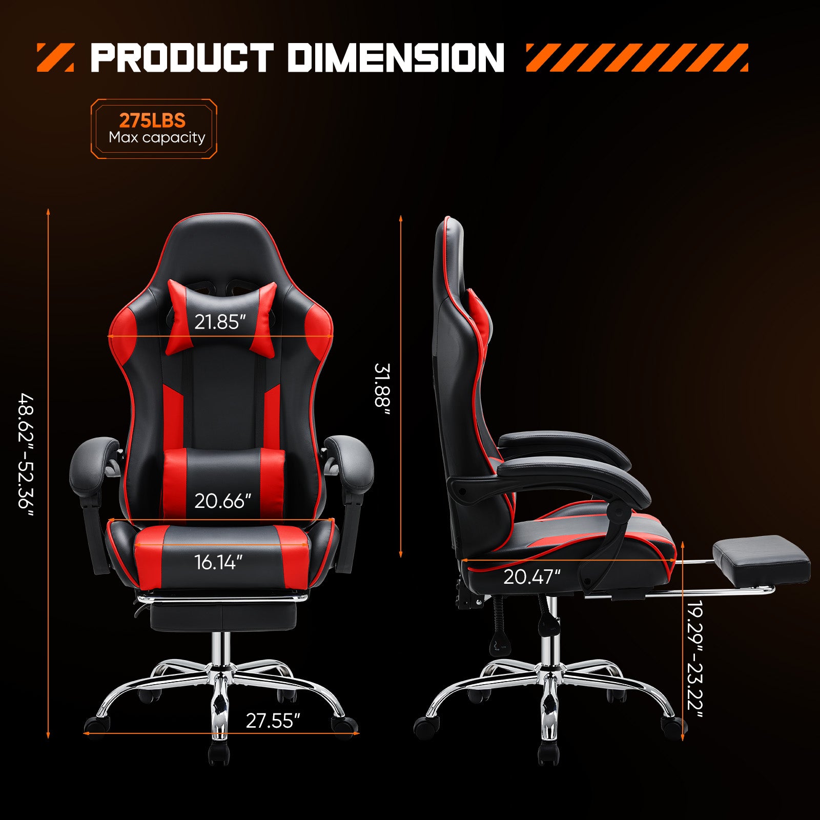 Video Game Desk Chair Ergonomic Computer With Footrest And Comfy Lumbar Support, Pu Leather Recliner With Headrest, Fixed Up Armrest, Height Adjustable With 360 Swivel, For Adults, Red Black Red Faux Leather