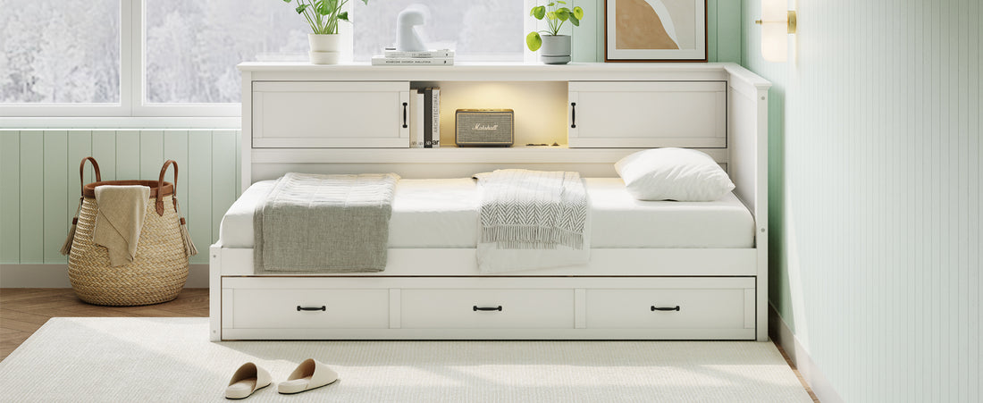 L Shaped Bed Frame With Drawer And And Bookcase,Corner Bed Wooden Captain Bed With Led Downlight And Usb Port For Small Room,Bedroom, Guest Room, Twin Size, White Box Spring Not Required Twin White Wood Bedroom Mid Century Modern,Modern Pine Bed Frame