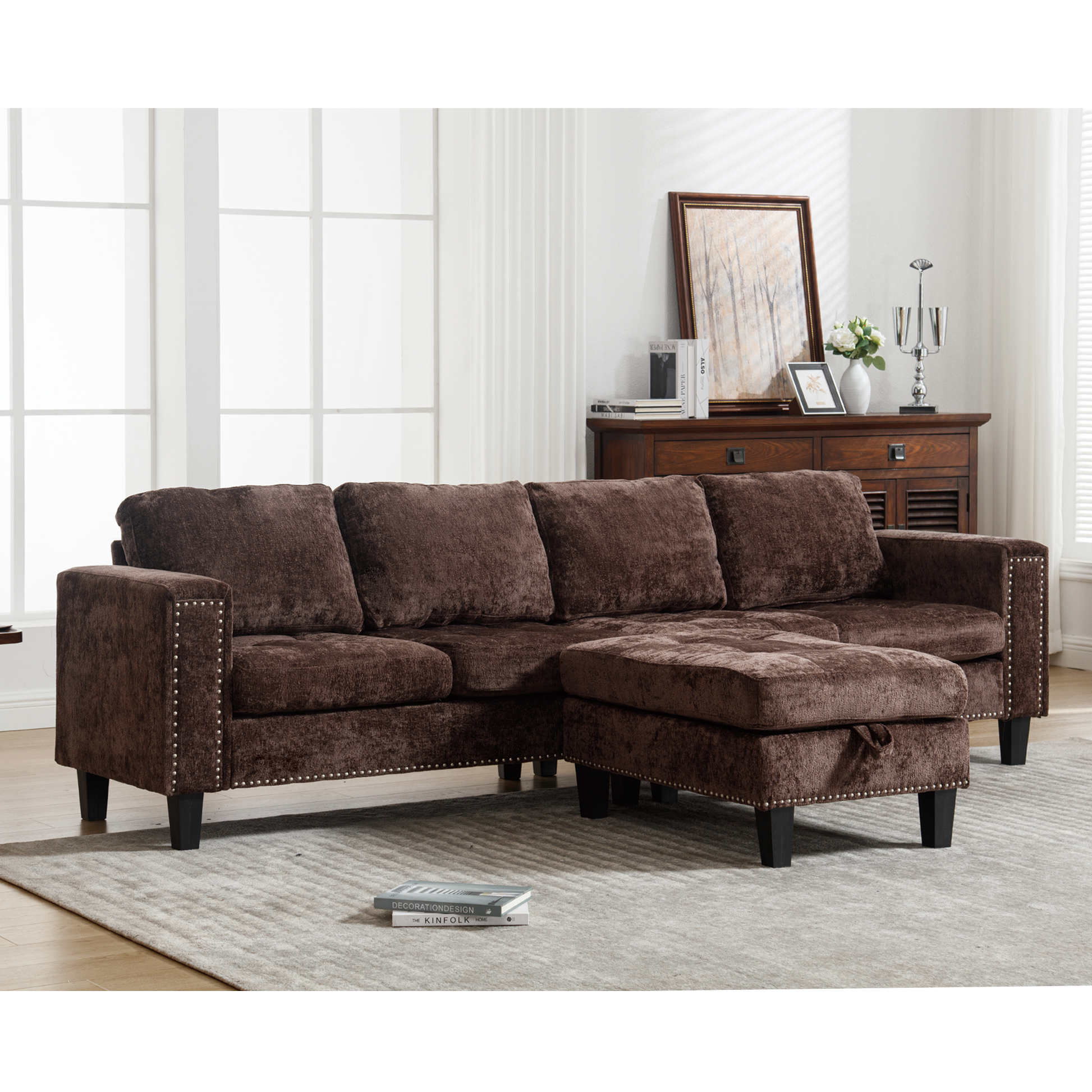 Arrived 5 Seat Modular Sofa,With Storage Ottoman, Convertible Sectional Sofa, L Shaped Couchreversible Chaise ,Riveted Sofa,Chenille, Brown Brown Polyester Wood Primary Living Space Medium Soft Cushion Back Modern Square Arms Foam Metal & Wood 5 Seat