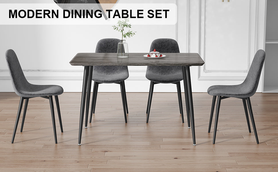 1 Table And 4 Chairs Set.Gray Wood Grain Table With Mdf Tabletop And Black Iron Legs.A Set Of 4 Modern Medieval Style Chairs, Equipped With Soft Cushions And Black Metal Legs.Dt 1226,B0501A Gray Mdf Metal