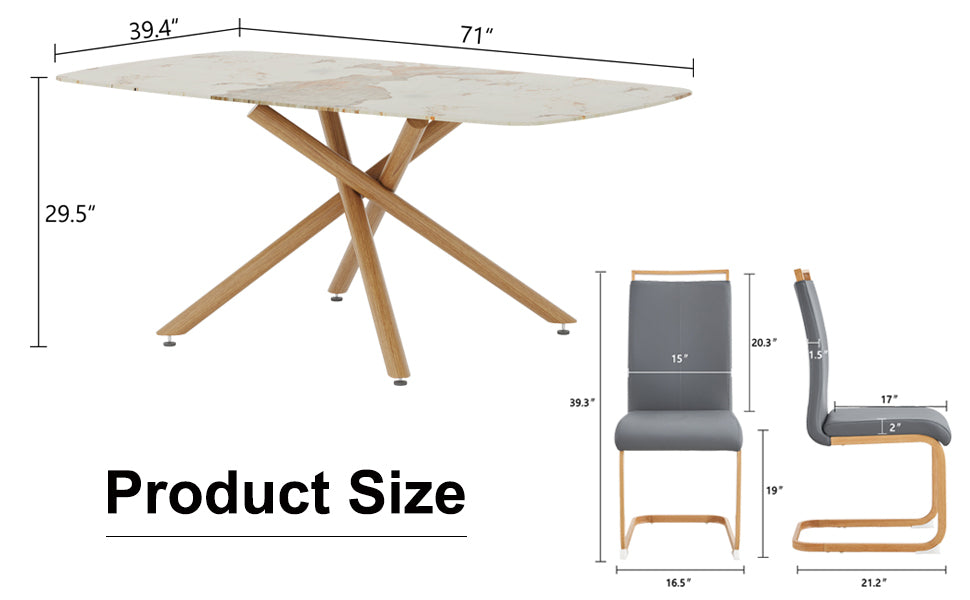 Table And Chair Set, Large Modern Minimalist Rectangular Dining Table, 0.39 Inch Imitation Marble Countertop, Wood Metal Table Legs, Comfortable And Soft Seats. Wood Glass Metal