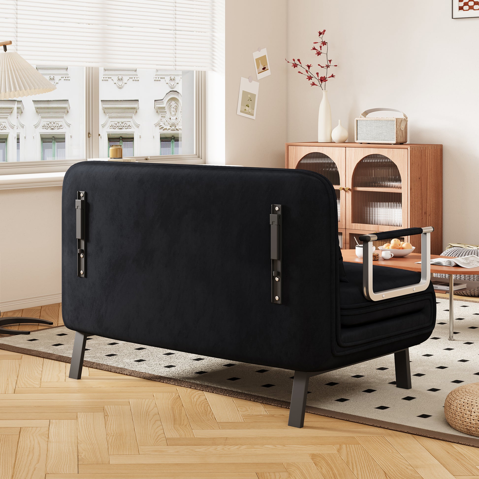 39 Convertible Chair Bed, Tri Fold Sofa Bed With Adjustable Backrest & Pillow, Leisure Chaise Lounge Couch With Sturdy Steel Frame For Home & Office, Comfortable Sleeper Chair Black Black Velvet Primary Living Space Medium Firm Contemporary Polyurethane