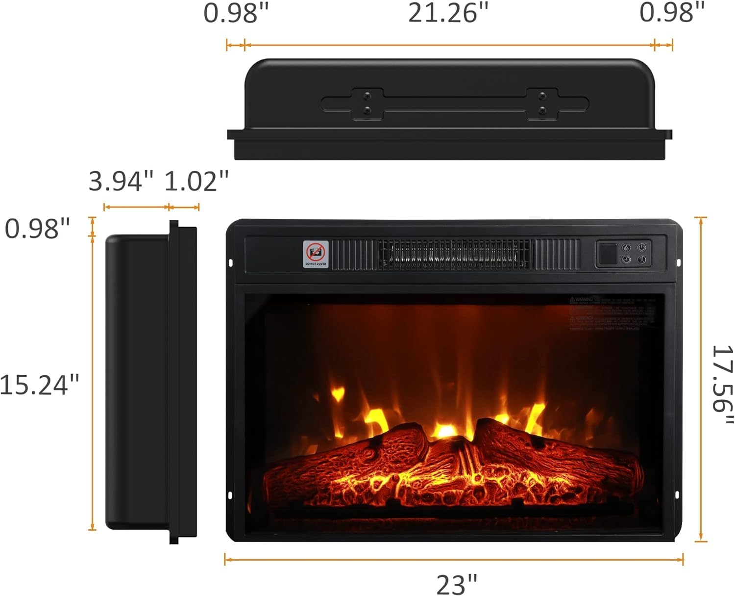 23" Electric Fireplace, 3Dinfrared Black Fireplace Electric Insert Heater, With Ir Remote Control, Glass View, Adjustable Realistic Logs & Flames, Indoor, 1400W Black Iron