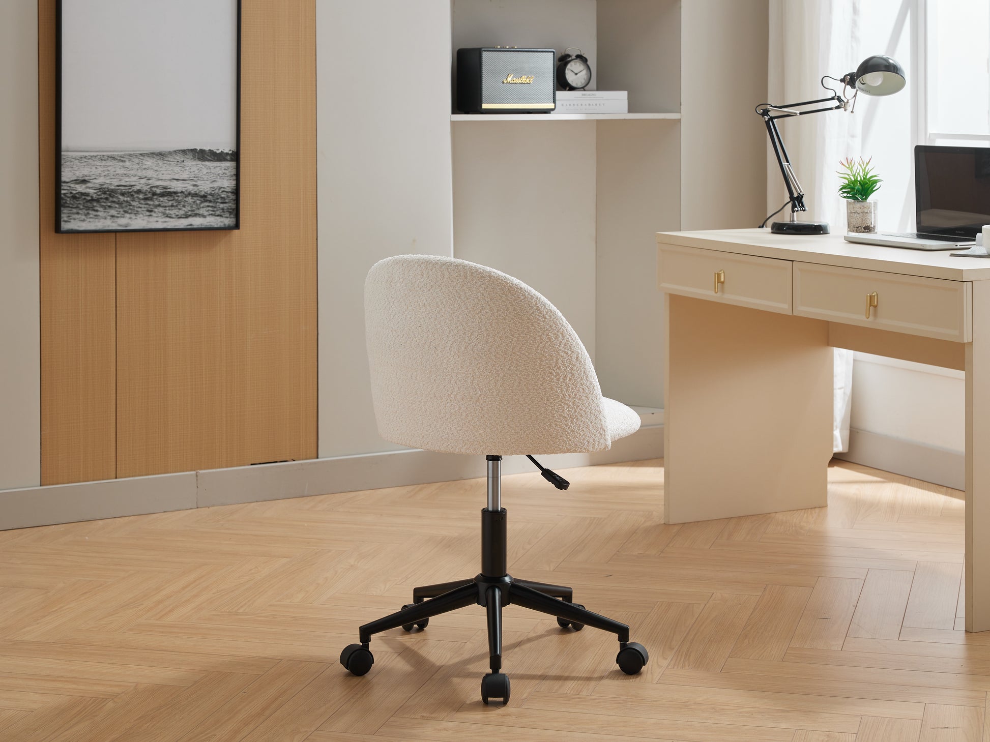 White Boucle Office Chair Desk Chair, Mid Back Adjustable Swivel Computer Chair With Black Legsmodern Upholstered Desk Chair With Wheels White Black Foam Polyester Blend