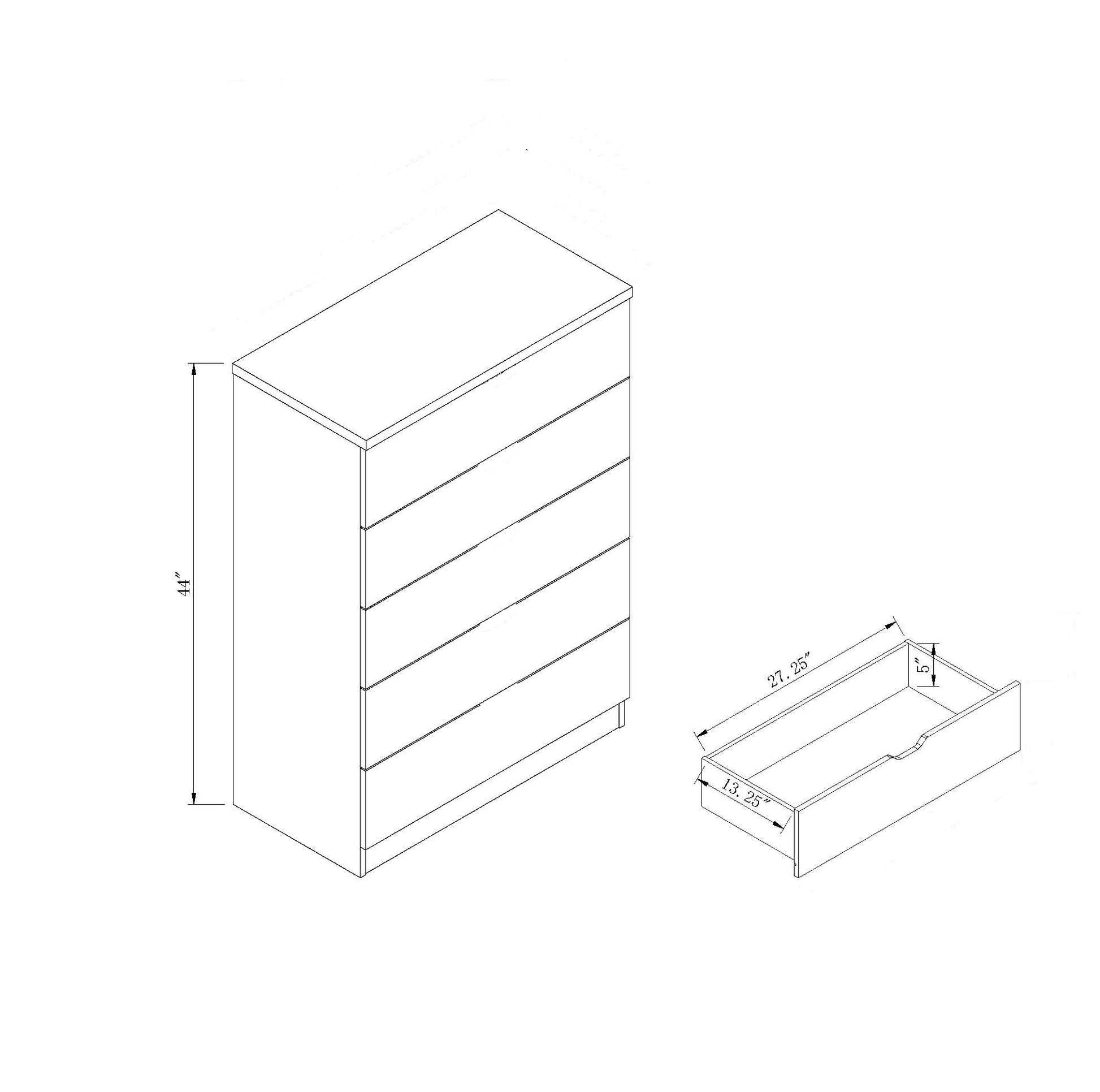 Five Drawer Chest Metal Handles Locking Top Drawer Metal Glide Rails White Melamine Laminate White Particle Board Mdf