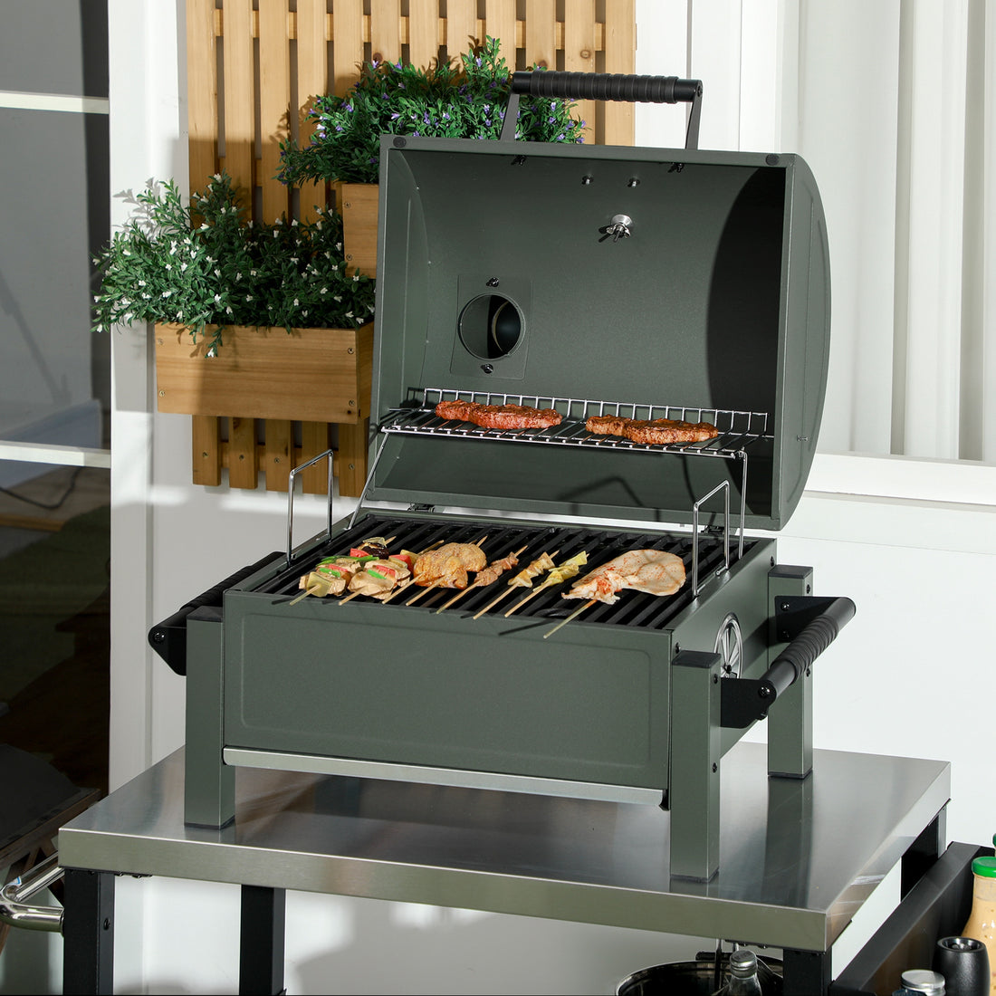 Outsunny Charcoal Bbq Grill With 235 Sq.In. Cooking Area, Tabletop Outdoor Barbecue With Ash Catcher And Built In Thermometer For Patio, Backyard, Camping, Picnic, Dark Green Green Steel