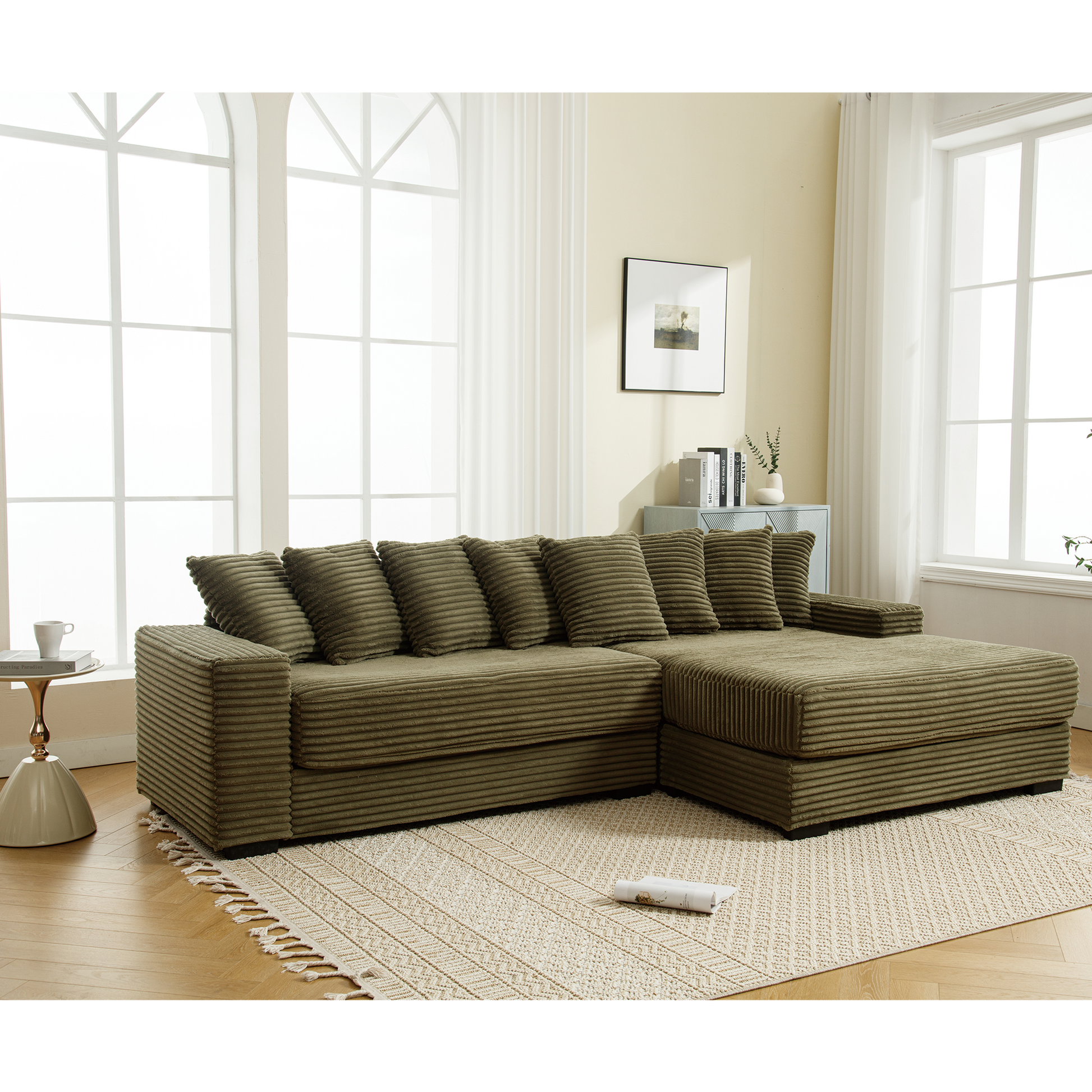 Arrived Oversized Two Piece Couches, L Shaped Sofa, Corduroy, Right Chaise Daybed,With Armrests,Eight Throw Pillows,Corner Sofa,Easy To Assemble, Green Green Polyester Wood Primary Living Space