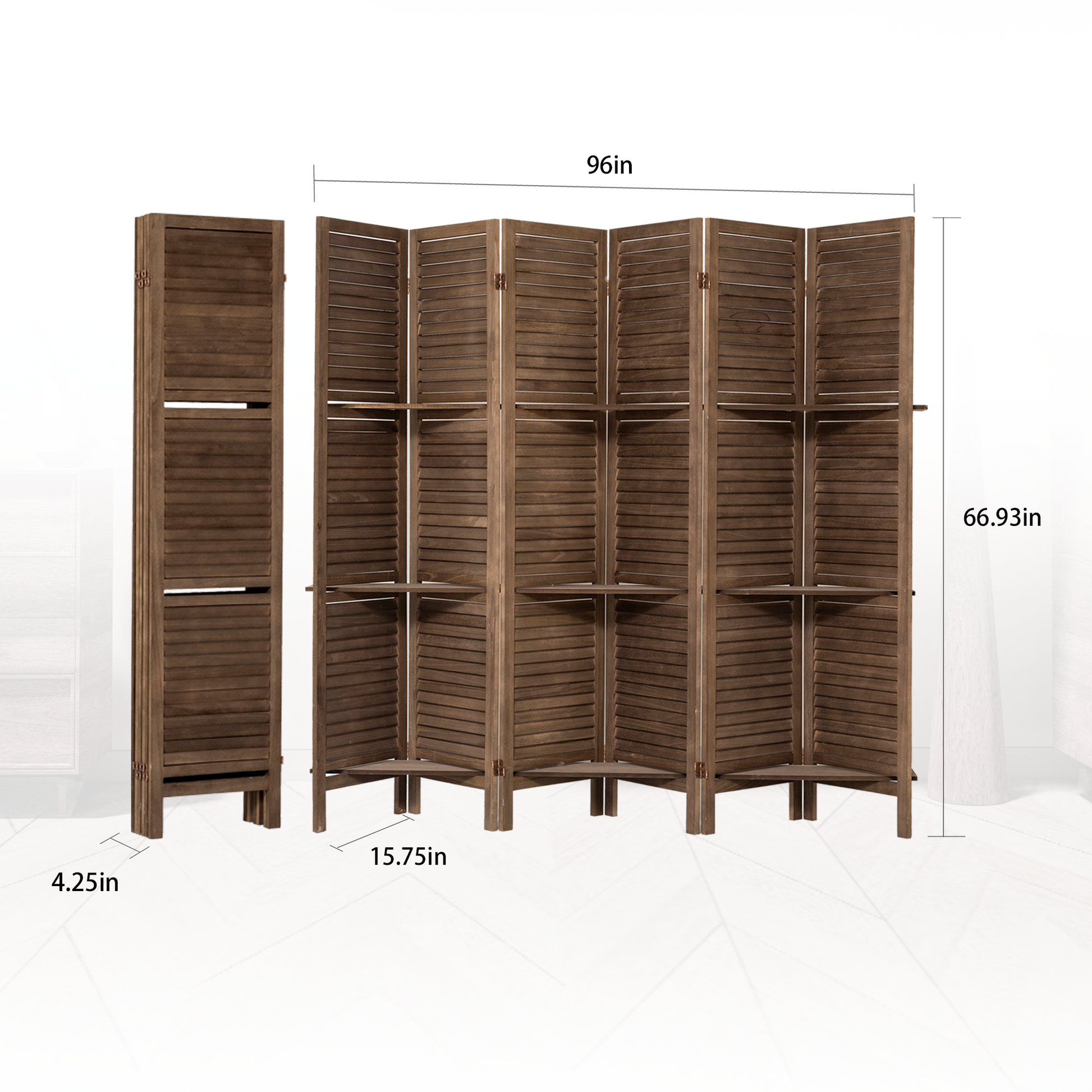Room Divider 6 Panel, Wood Folding Room Divider Screen, Room Divider With Shelves And Easy Move Partition, Freestanding Room Screen Divider With Display Shelves Dark Brown Dark Brown Classic Wood