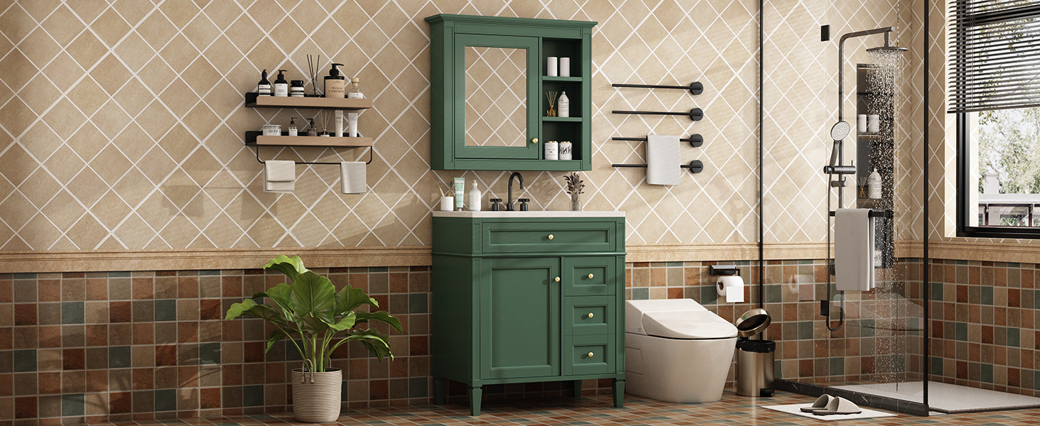 30'' Bathroom Vanity With Top Sink, Modern Bathroom Storage Cabinet With 2 Drawers And A Tip Out Drawer, Freestanding Vanity Set With Mirror Cabinet, Single Sink Bathroom Vanity 3 Green 2 4 Adjustable Hinges Bathroom Freestanding Solid Wood Mdf Resin