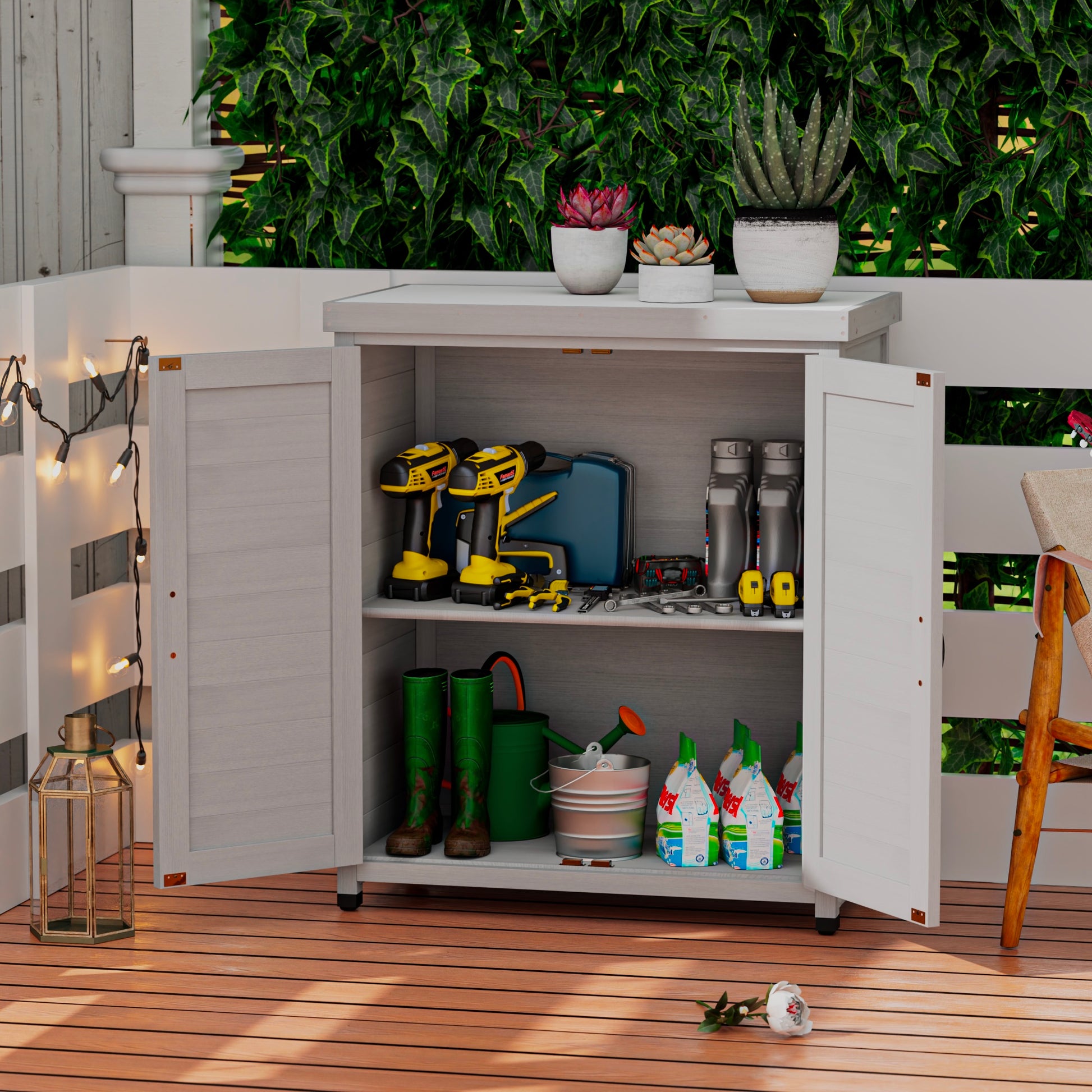 Potting Bench With Storage Cabinet And Metal Table Top For Outdoor Pat