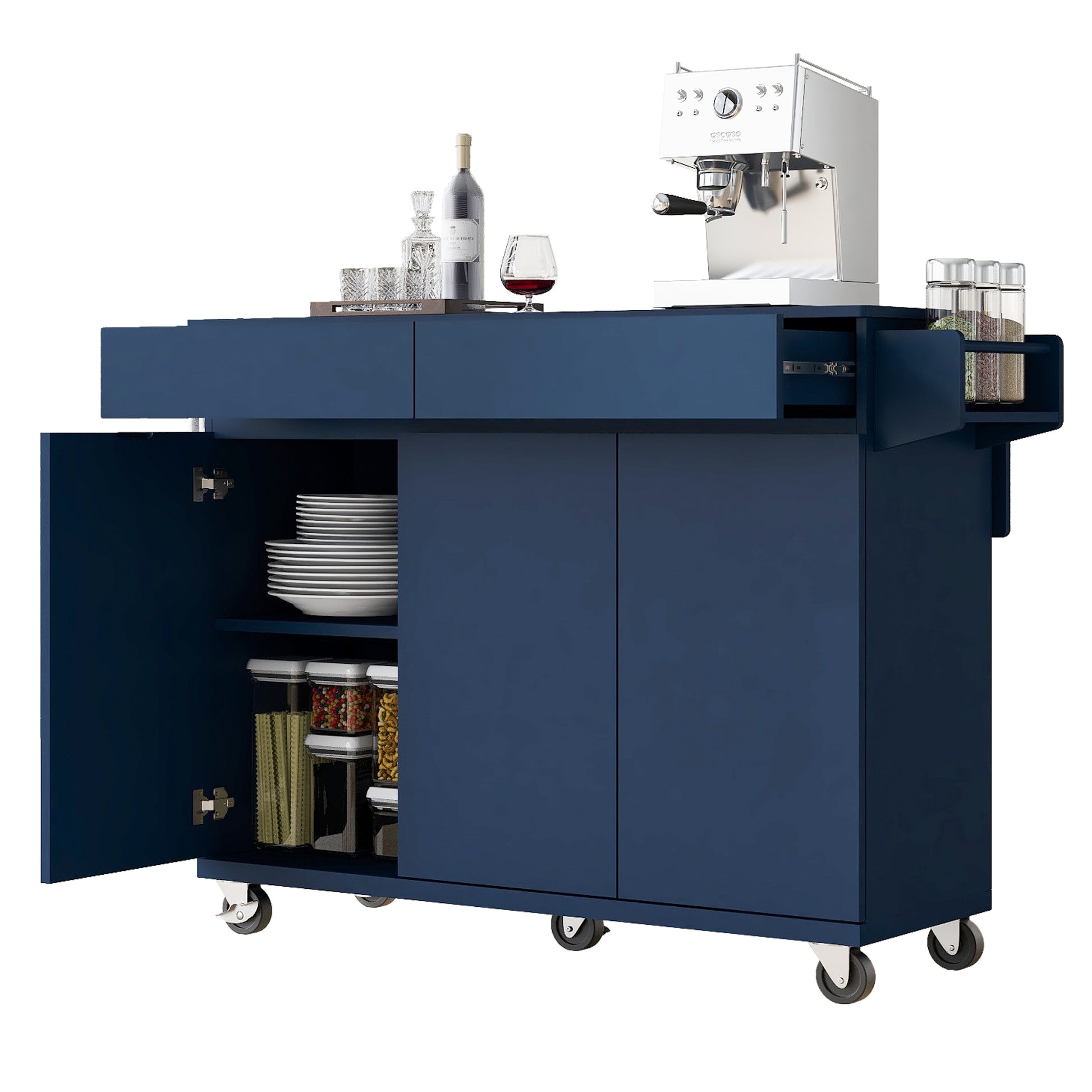 K&K 53.2'' Kitchen Island With Drop Leaf, Kitchen Storage Cart With Spice Rack, Towel Rack And 2 Drawers, Rolling Kitchen Island On Wheels With Adjustable Shelves For Kitchen, Dining Room, Navy Blue Navy Blue Brown Kitchen