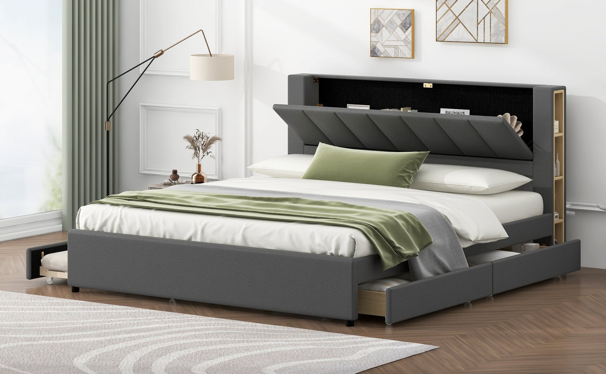 King Size Upholstery Platform Bed With Storage Headboard, 2 Drawers And Trundle, Gray King Gray Upholstered