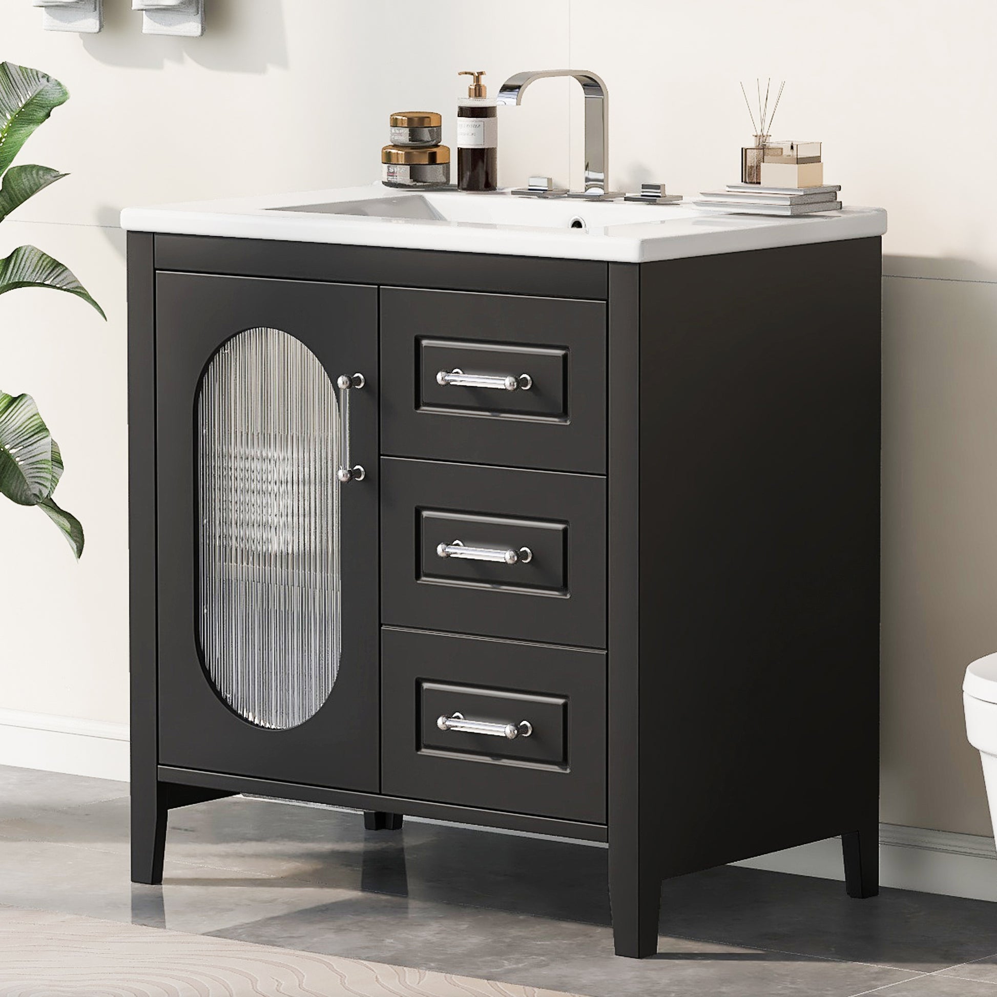 30" Bathroom Vanity With Sink, Bathroom Vanity Cabinet With Two Drawers And Door, Adjustable Shelf, Solid Wood And Mdf, Black Black Solid Wood Mdf