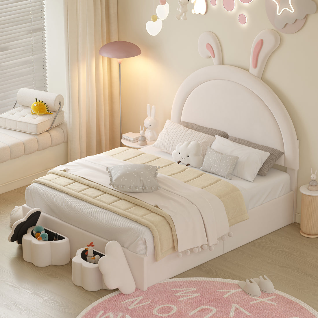 Full Size Upholstered Rabbit Shape Bed With 2 Storage Stools, Velvet Platform Bed With Cartoon Ears Shaped Headboard, White Full White Wood