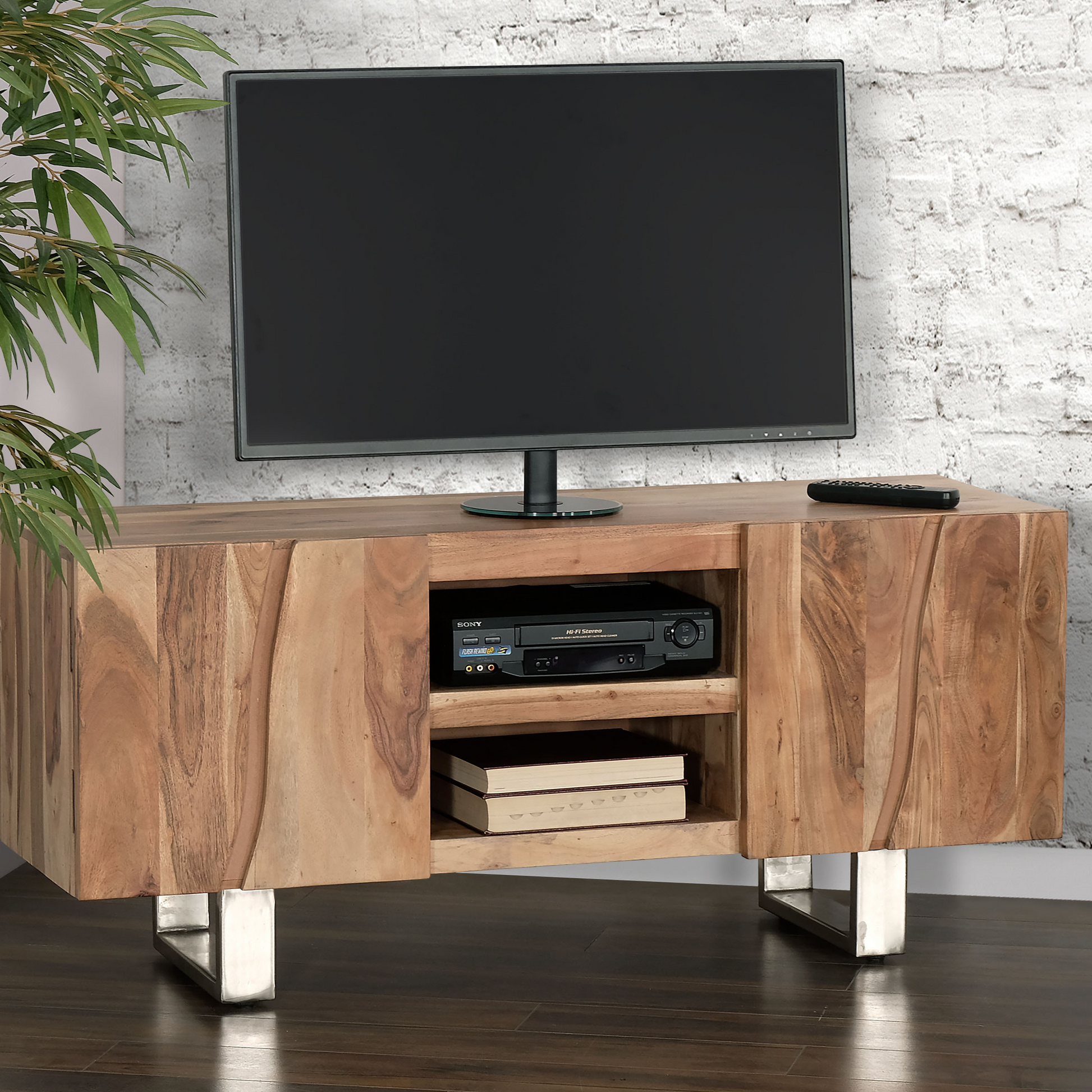 53 In. Solid Acacia Wood Tv Stand Media Console For Tvs Up To 60 In. With 2 Tier Shelf And 2 Storage Cabinet, Brown Brown Brown Primary Living Space 60 Inches 50 59 Inches Mid Century Modern Acacia 60 Inches Metal Acacia Wood