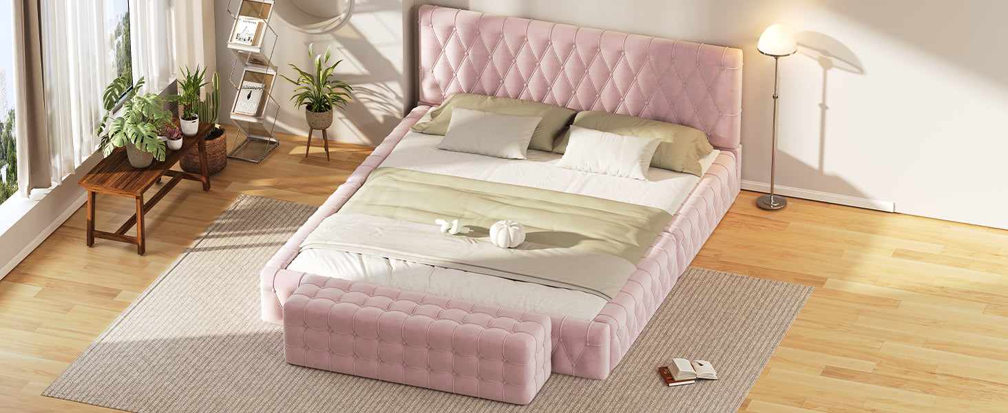 2 Pieces Bedroom Sets Queen Size Upholstered Bed With Rectangular Upholstered Ottoman For Bedroom,Pink Queen Pink 2 Piece Set Solid Wood Mdf