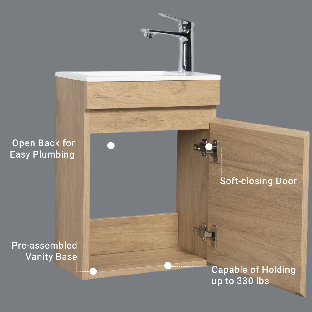 16" Floating Bathroom Vanity With Sink, Wall Mounted Small Bathroom Storage Vanity Cabinet With Resin Top Basin And Soft Close Doors, Natural Oak 24V11 16No Oak Plywood