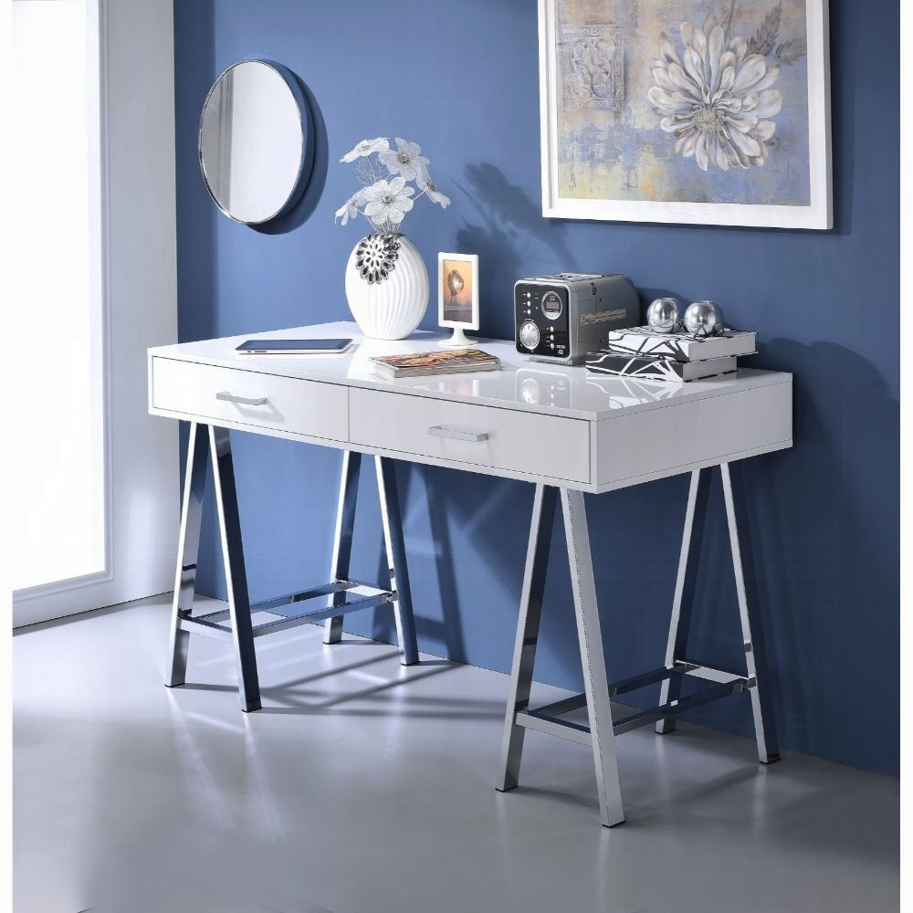 White High Gloss And Chrome 2 Drawer Writing Desk White Silver Writting Desk Office Modern Rectangular Drawers Wood Metal