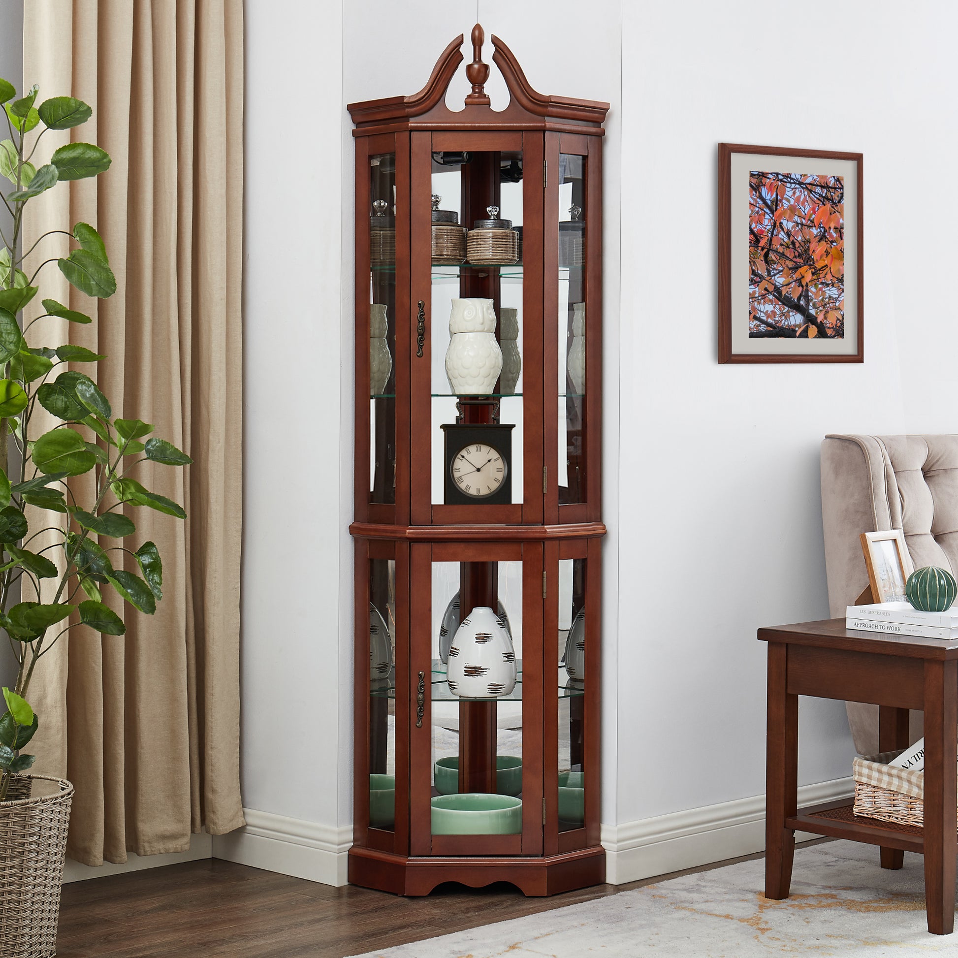 Walnut Corner Curio Cabinet With Lights, Adjustable Tempered Glass Shelves, Mirrored Back, Display Cabinet E26 Light Bulb Not Included Walnut Mdf